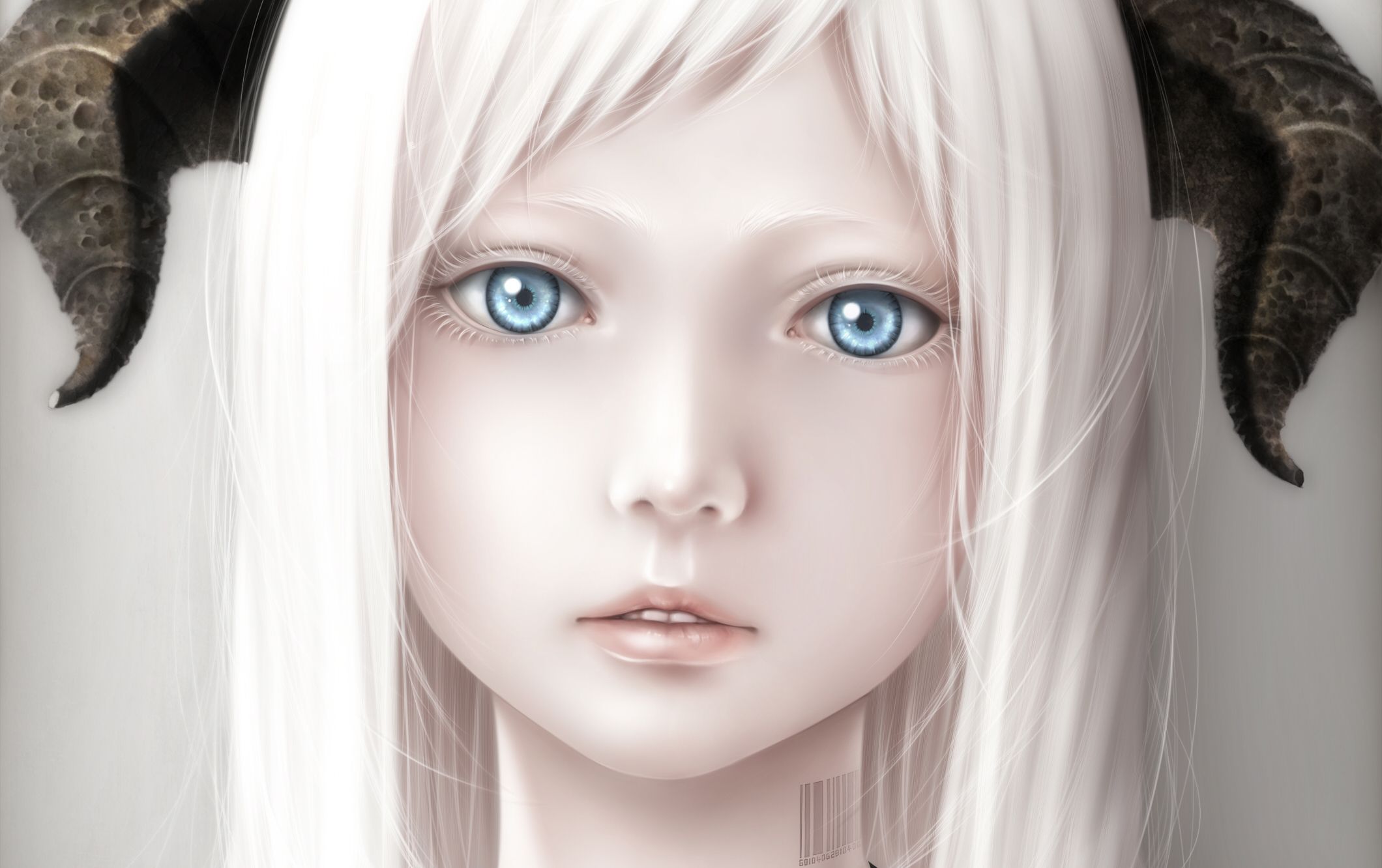 Child Girl Demon Horns Blue Eyes Face White Hair Cute Wallpaper:2120x1332