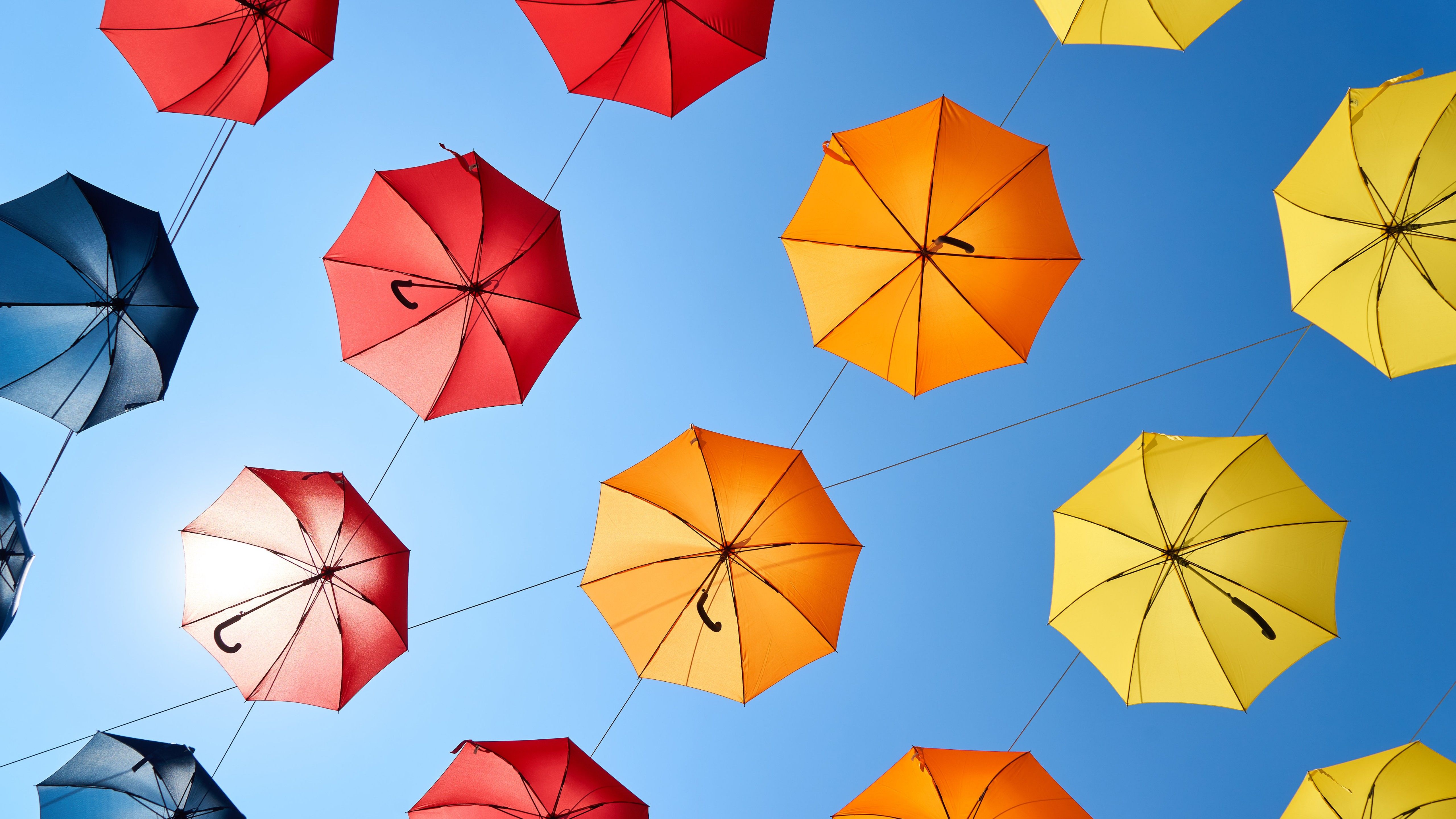 Umbrellas 4K Wallpaper, Blue Sky, Colorful, Sky view, Multicolor, Pattern, Red, Yellow, 5K, Photography