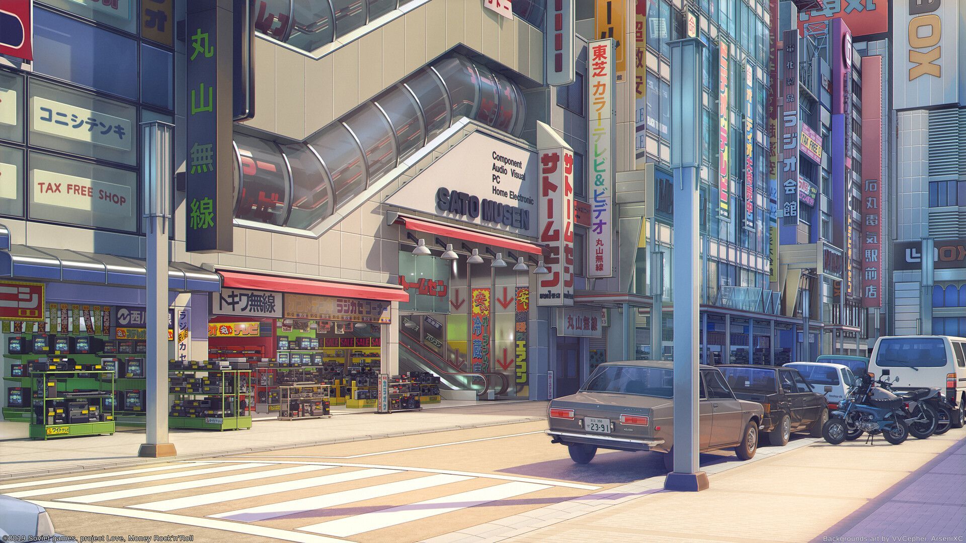 Akihabara South Exit in game variants, Arseniy Chebynkin. Anime places, Scenery background, Anime scenery
