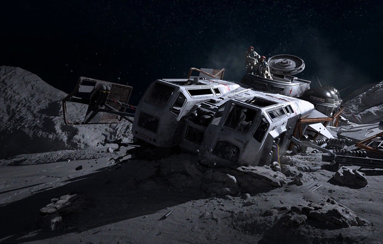 Wallpaper destruction, disaster, astronauts, camera, Moon Landing image for desktop, section фантастика