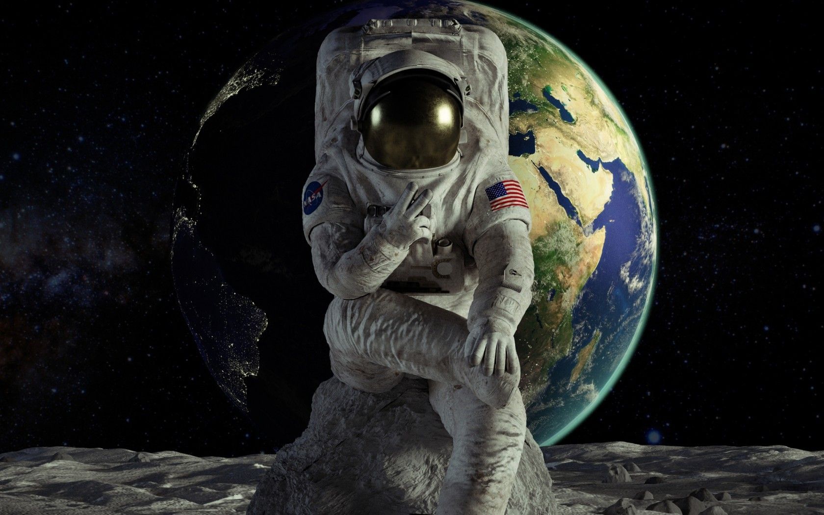 Download 1680x1050 Astronaut, Moon Landing, Earth, Digital Art Wallpapers f...