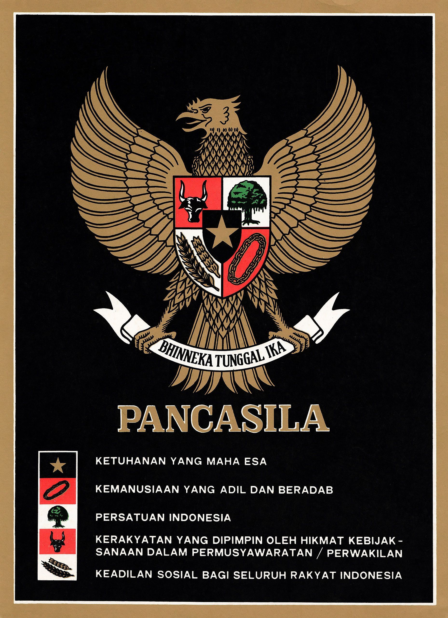 A depiction of the Garuda Pancasila on a poster; each tenet of the Pancasila is written beside its symbol. Indonesian art, Education poster, Mythology art