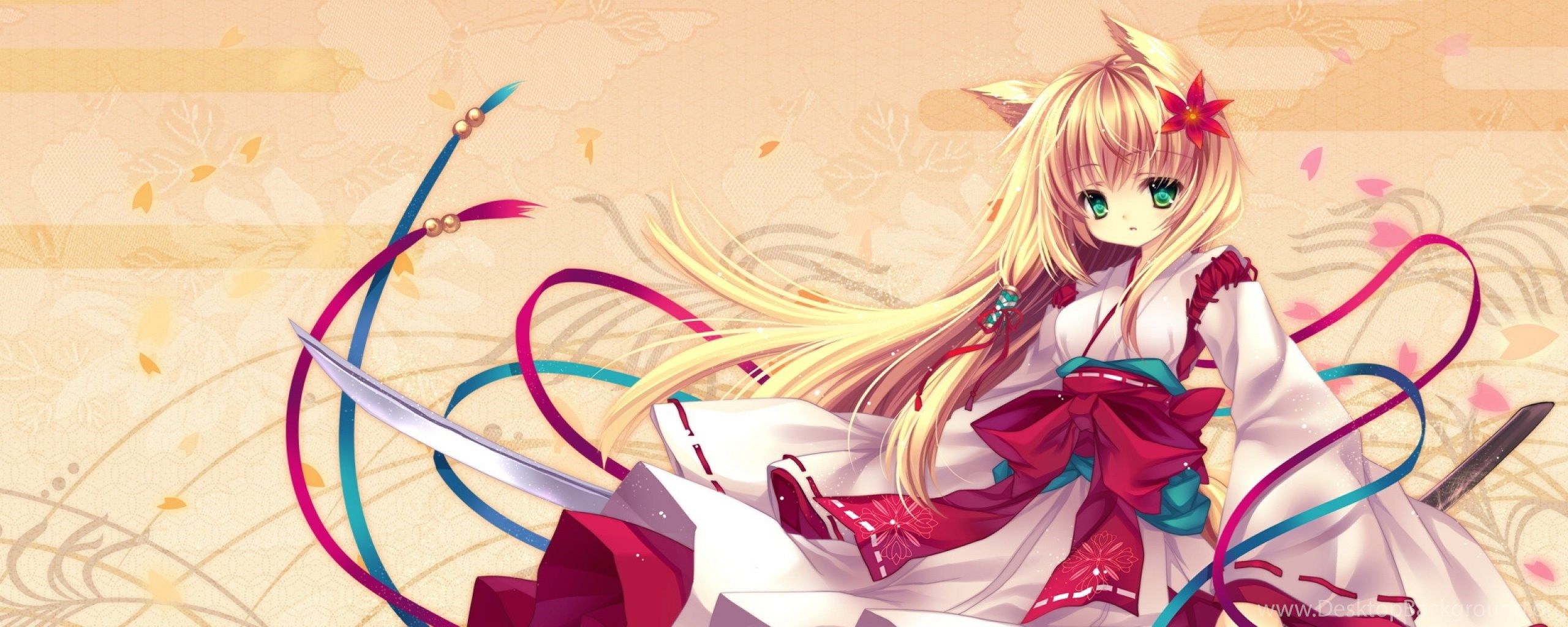 Download Wallpaper 2560x1024 Neko Girls, Girl, Dress, Ears, Katana. Desktop Background
