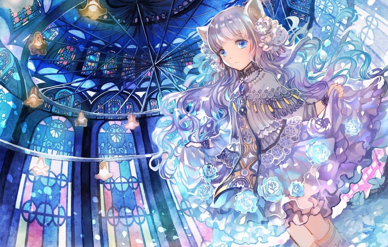 Wallpaper chandelier, girl, stained glass, blue eyes, ears, long hair, ruffles, neko girl image for desktop, section прочее