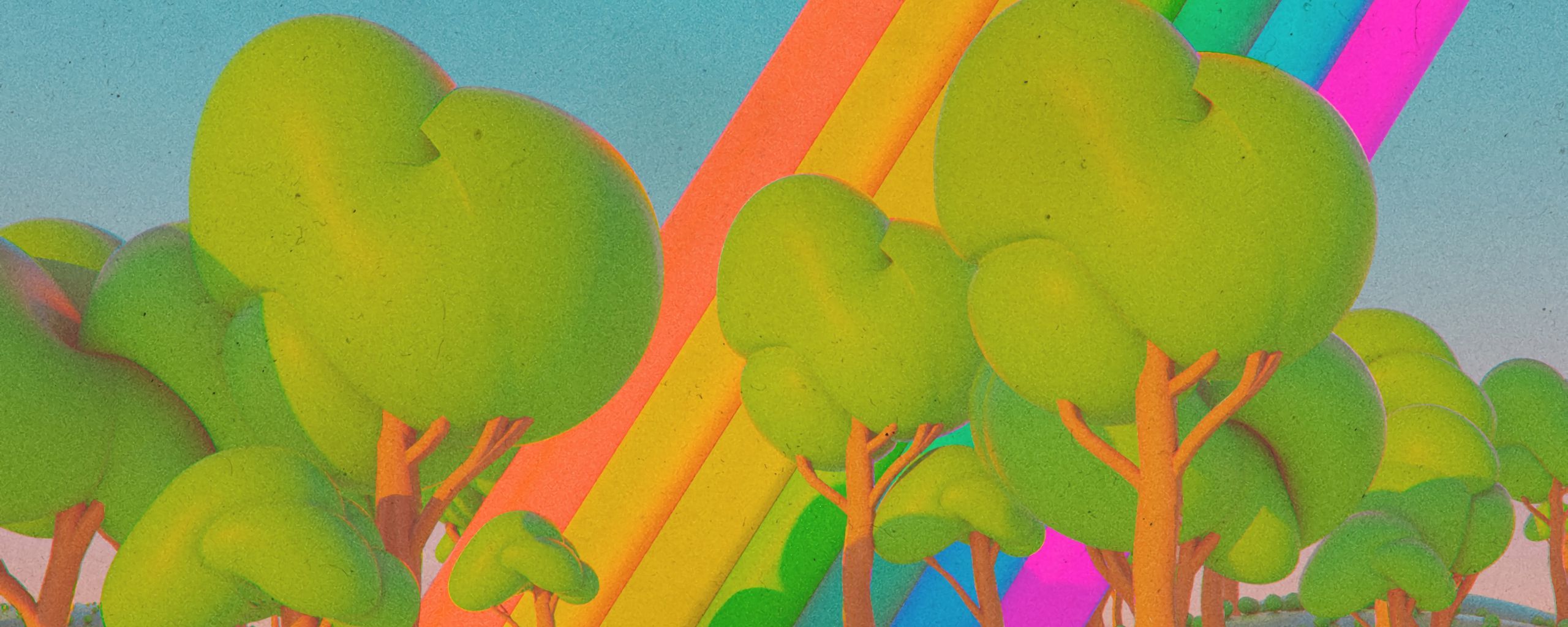 Download wallpaper 2560x1024 art, multicolored, trees, rainbow, colorful, imagination ultrawide monitor HD background