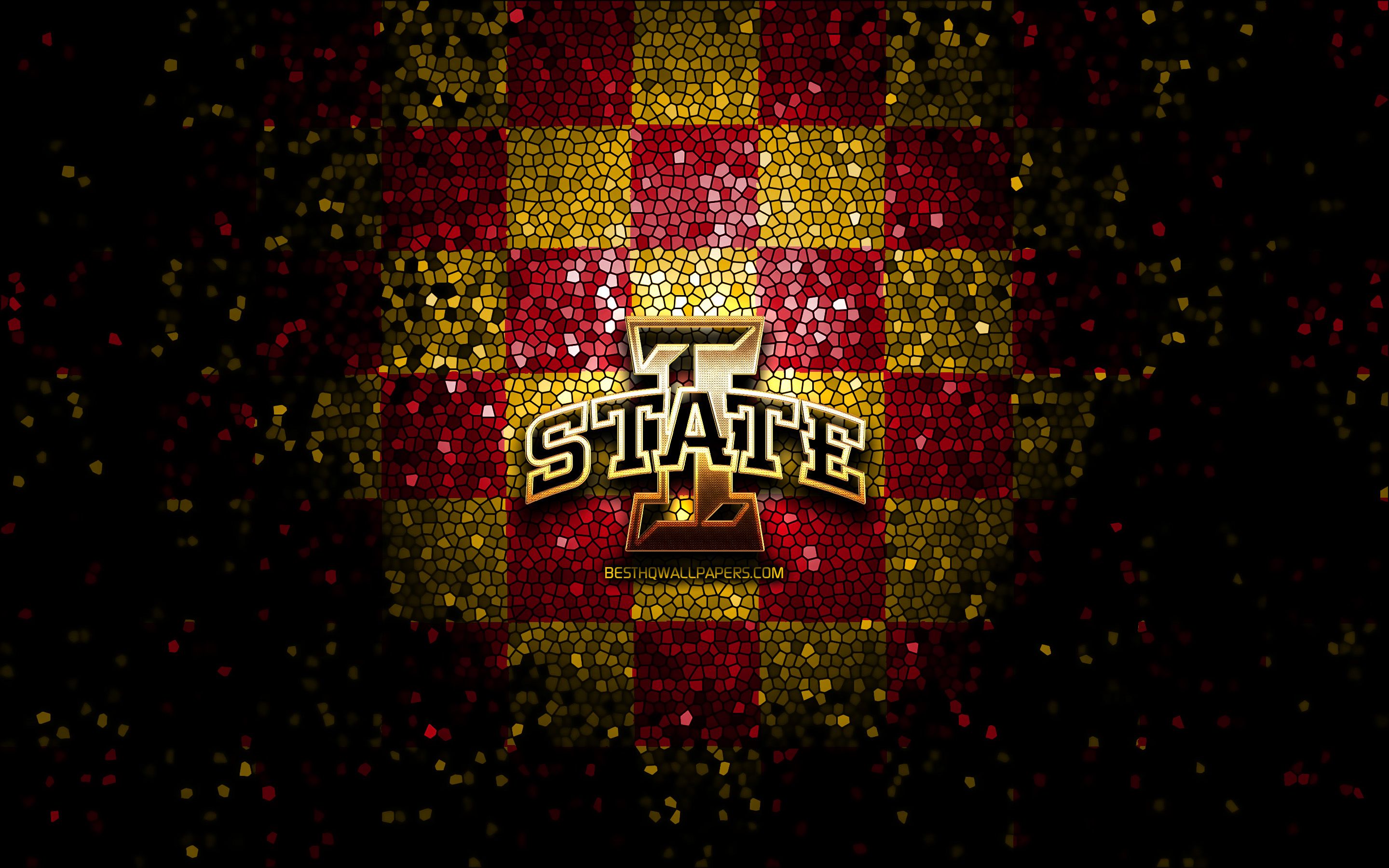 Download wallpaper Iowa State Cyclones, glitter logo, NCAA, red yellow checkered background, USA, american football team, Iowa State Cyclones logo, mosaic art, american football, America for desktop with resolution 2880x1800. High Quality