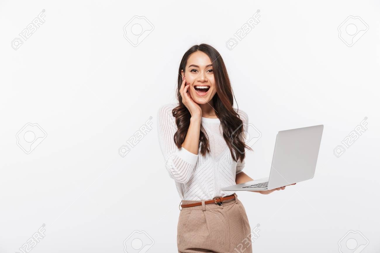 Portrait of an excited asian businesswoman holding laptop computer isolated over white background , #Aff,. Business women, Portrait, Pattern wallpaper