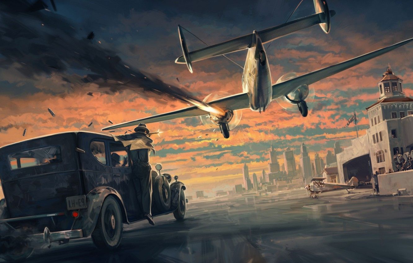Wallpaper The sky, Clouds, The city, Machine, The building, Art, The airfield, The plane, Mafia, Definitive Edition, Hangar Mafia: Definitive Edition image for desktop, section игры