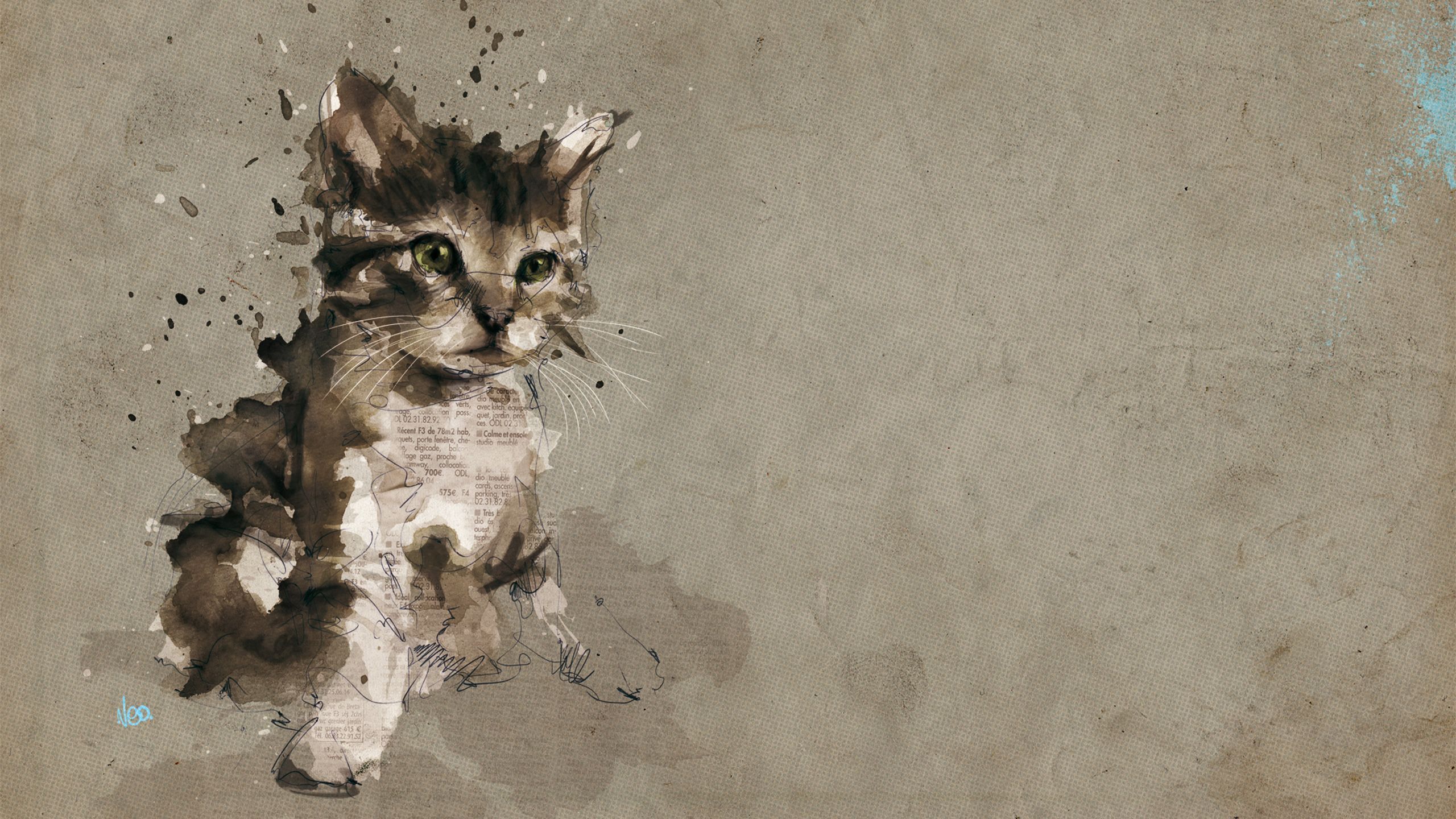 Download wallpaper 2560x1440 cat, kitten, gray, drawing HD background