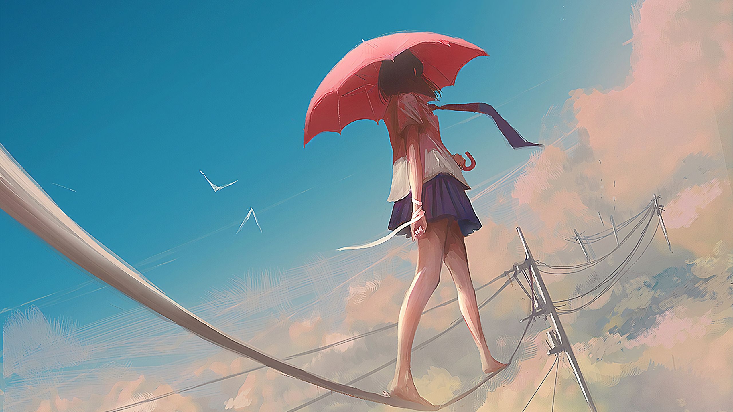 Anime Girl Walking On Power Line, HD Anime, 4k Wallpaper, Image, Background, Photo and Picture