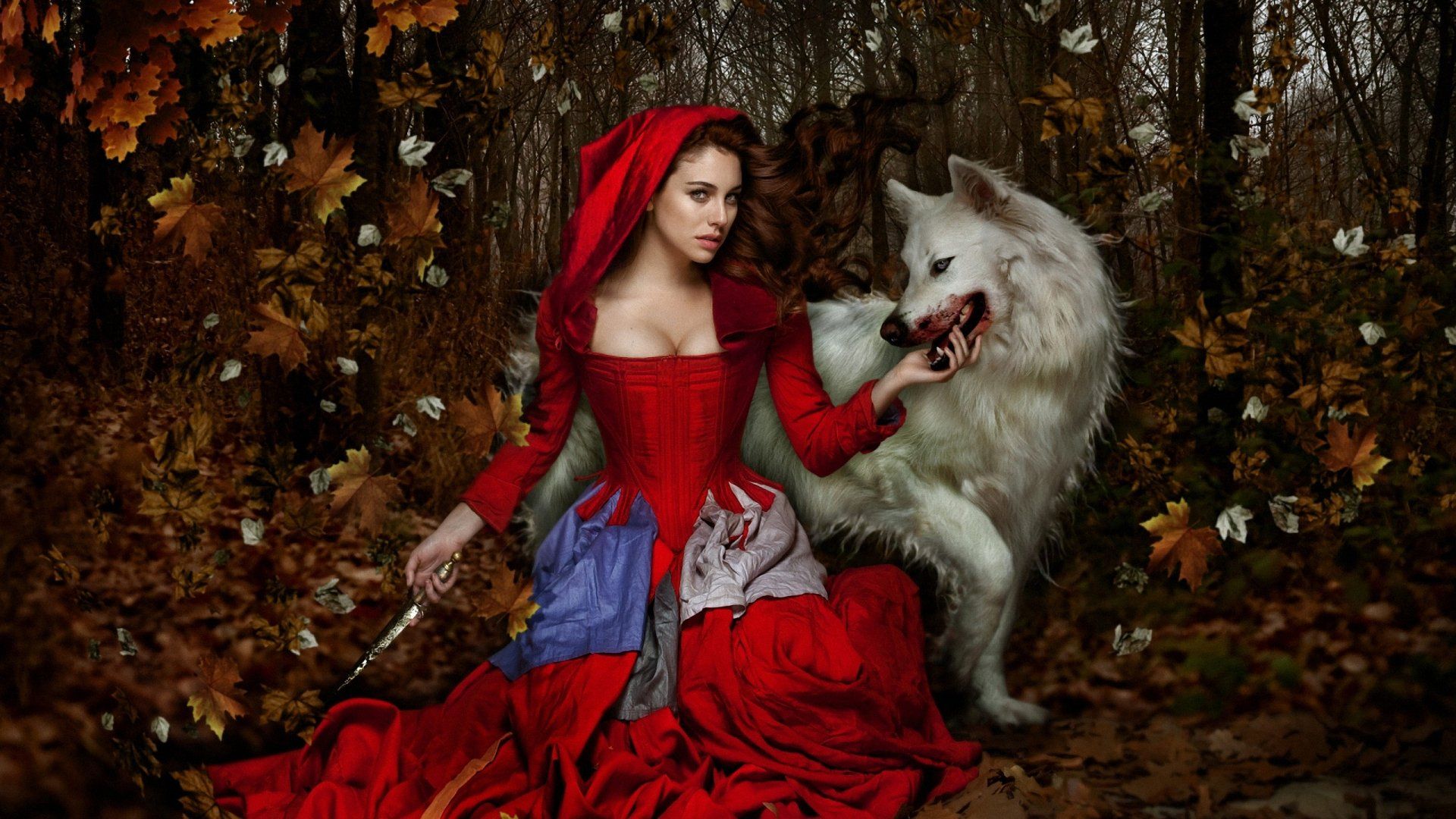 wolf, Girl, Woman, Fantasy, Blood, Animal, Dress, Red, Knife, Forest, Female, Autumn Wallpaper HD / Desktop and Mobile Background