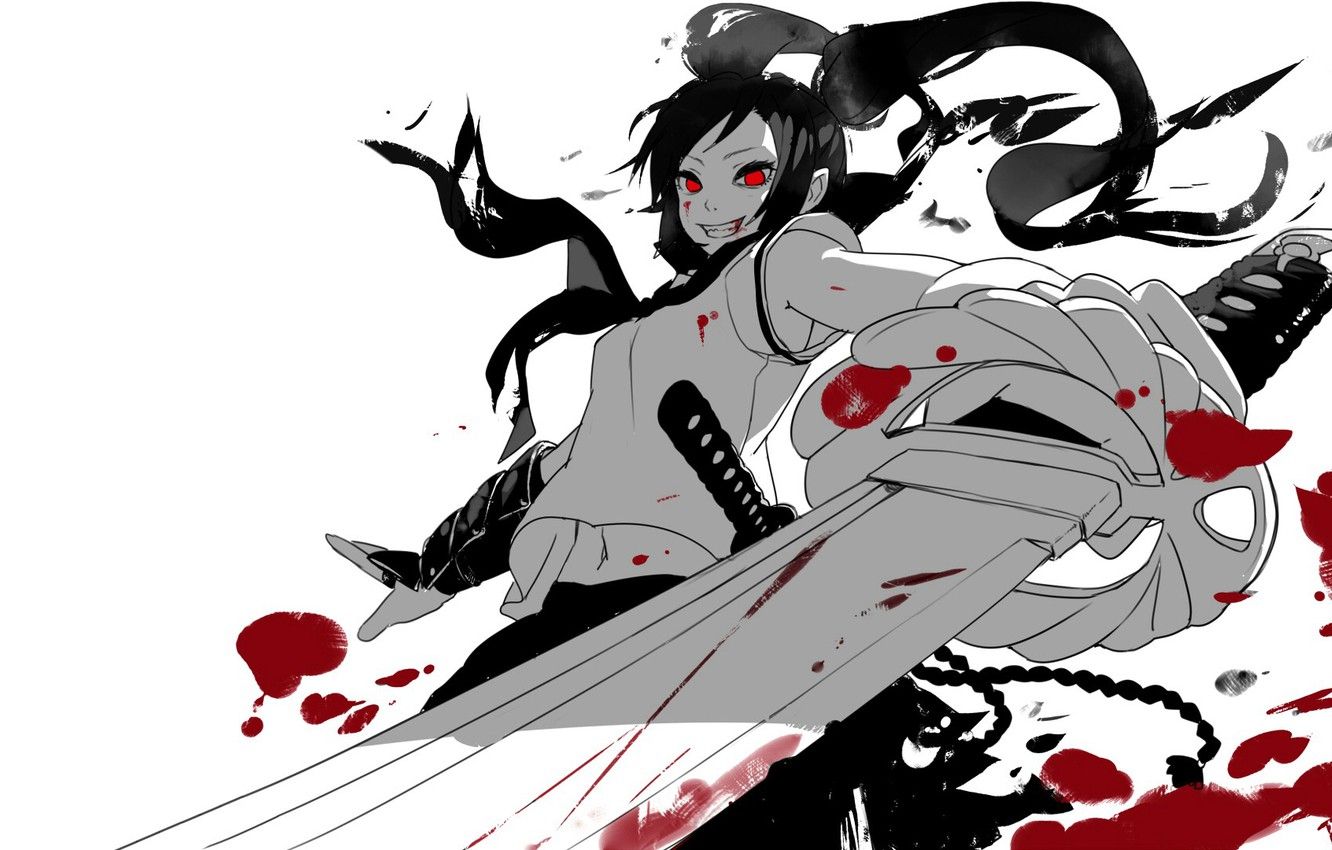 Wallpaper girl, smile, blood, sword, katana, white background, red eyes image for desktop, section арт