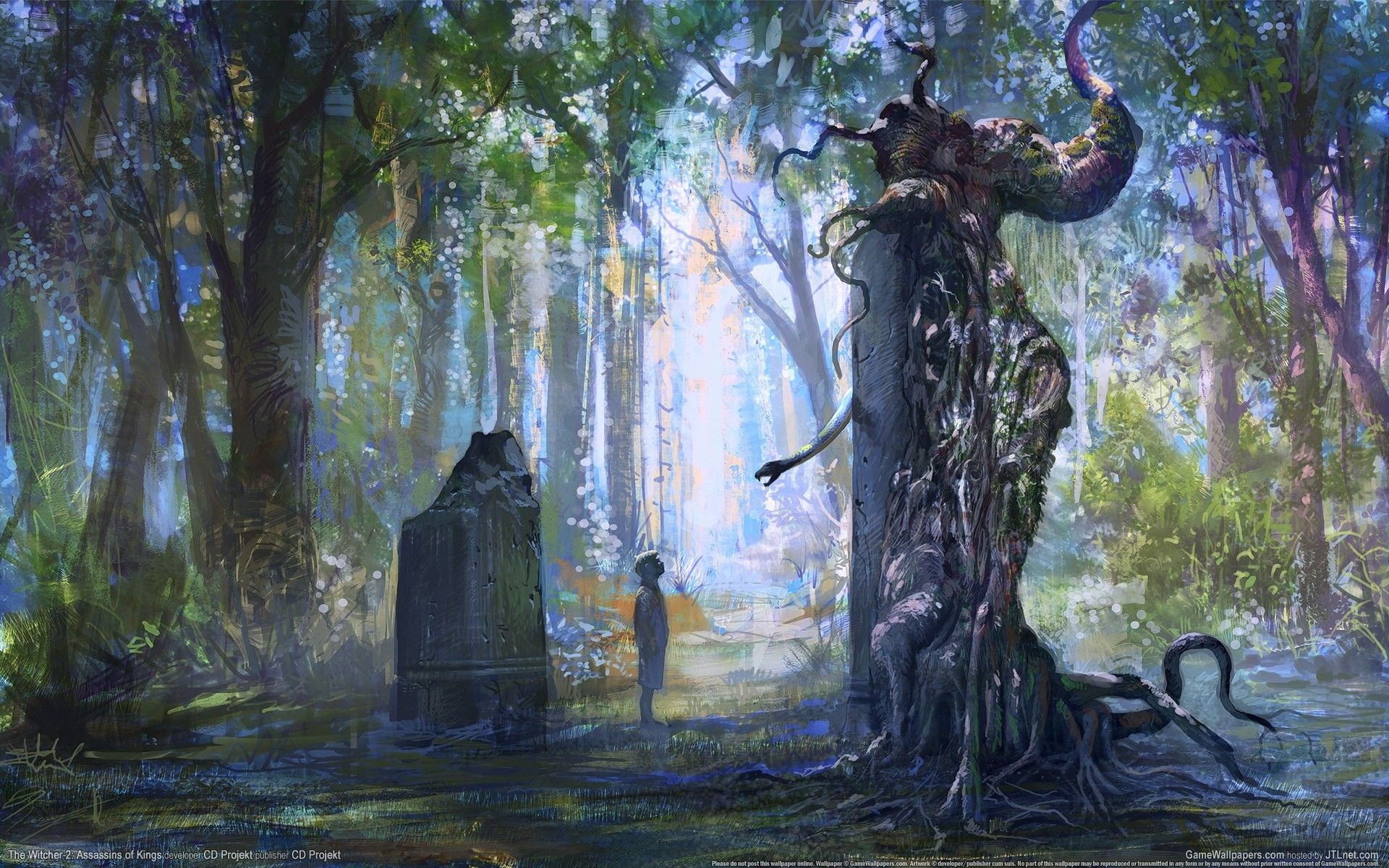 Wallpaper, scenic, tree, forest, witcher, snake, ruins, image, painting