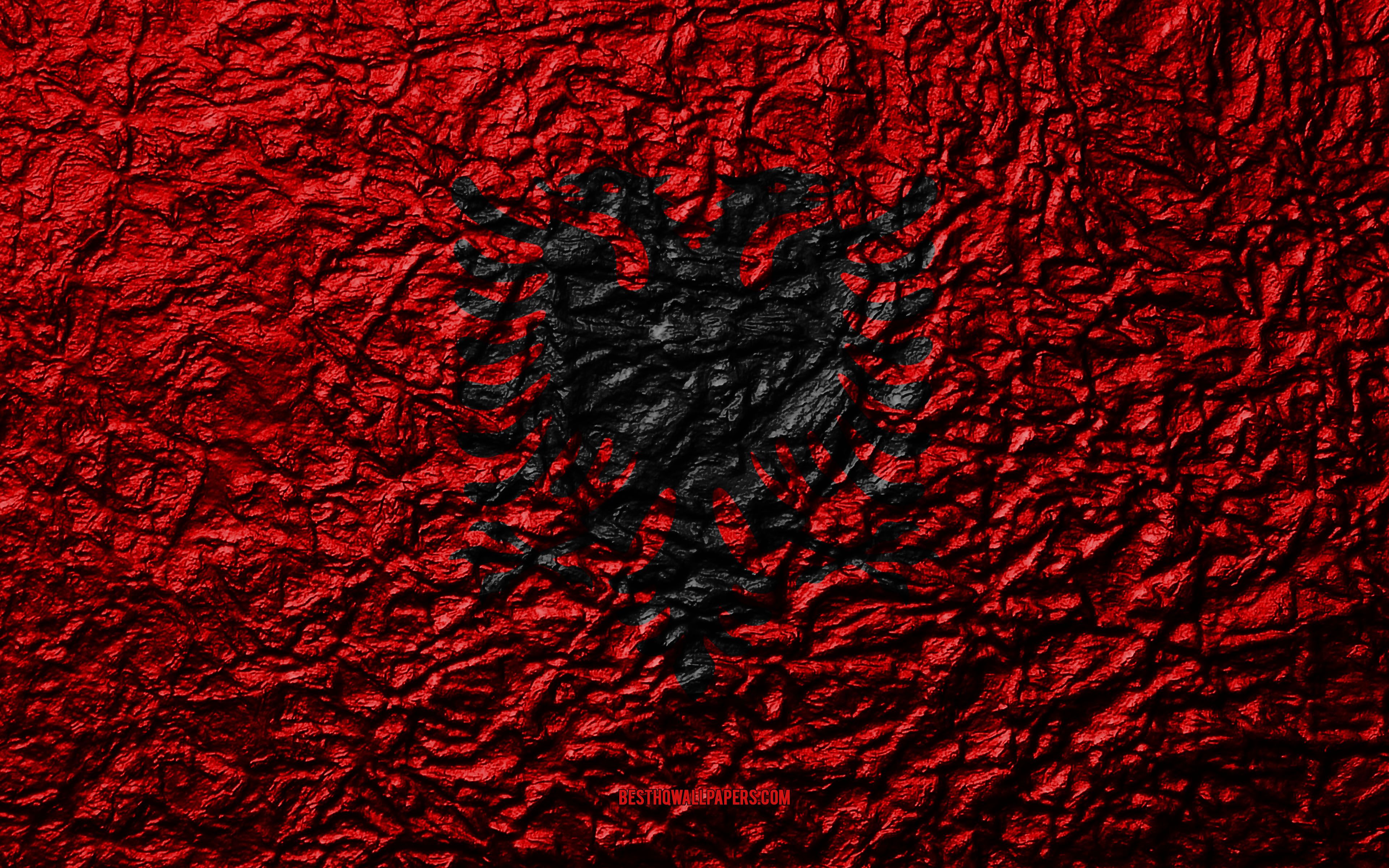 Download wallpaper Flag of Albania, 4k, stone texture, waves texture, Albanian flag, national symbol, Albania, Europe, stone background for desktop with resolution 3840x2400. High Quality HD picture wallpaper