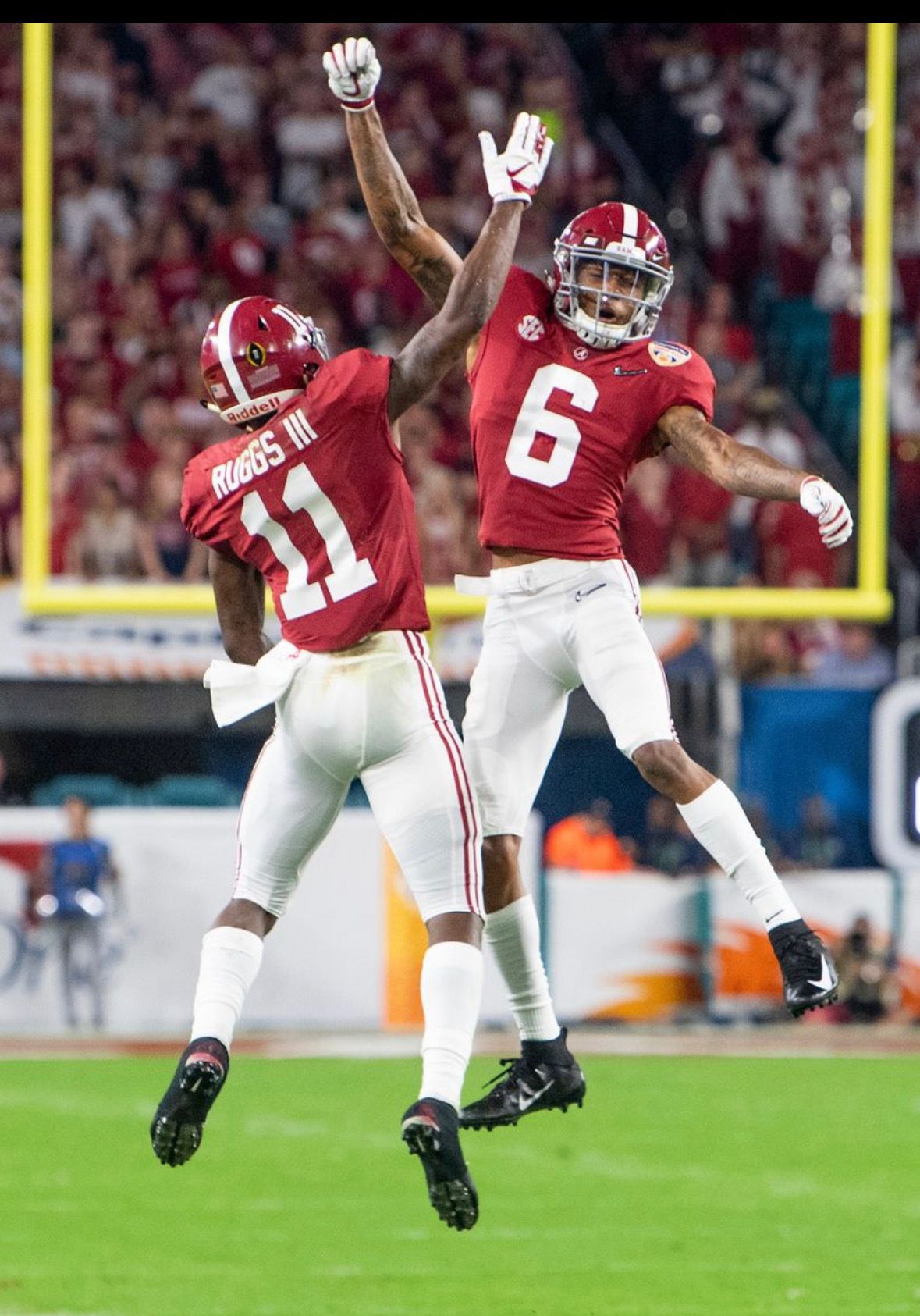 Alabama wide receivers Henry Ruggs, III, (11) and DeVonta Smith (6) celebrate Ruggs' touchdown catch in. Alabama crimson tide football, Alabama football, Alabama