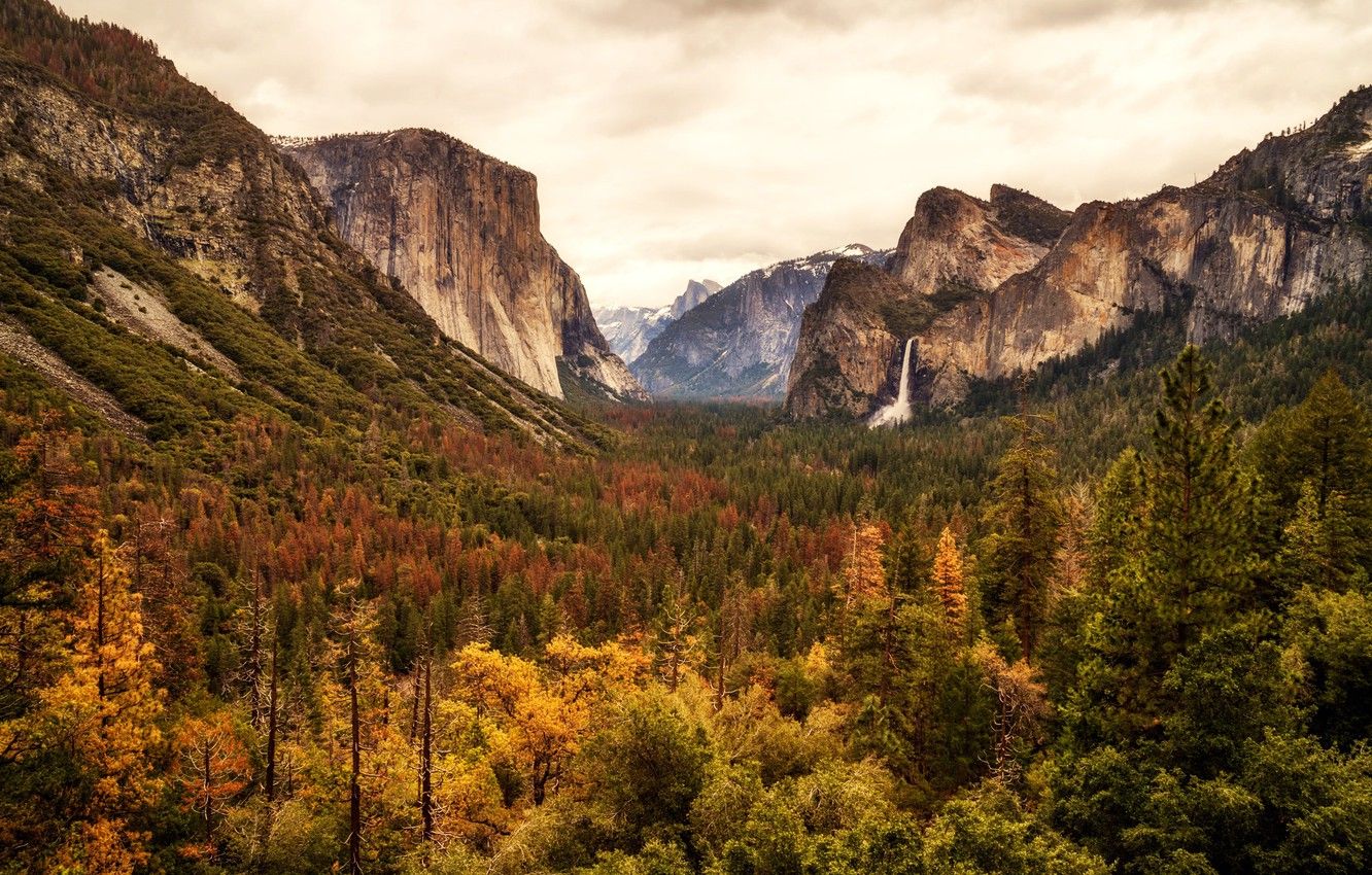 Wallpaper autumn, forest, clouds, trees, mountains, rocks, waterfall, valley, CA, panorama, gorge, USA, Yosemite, Yosemite National Park image for desktop, section пейзажи