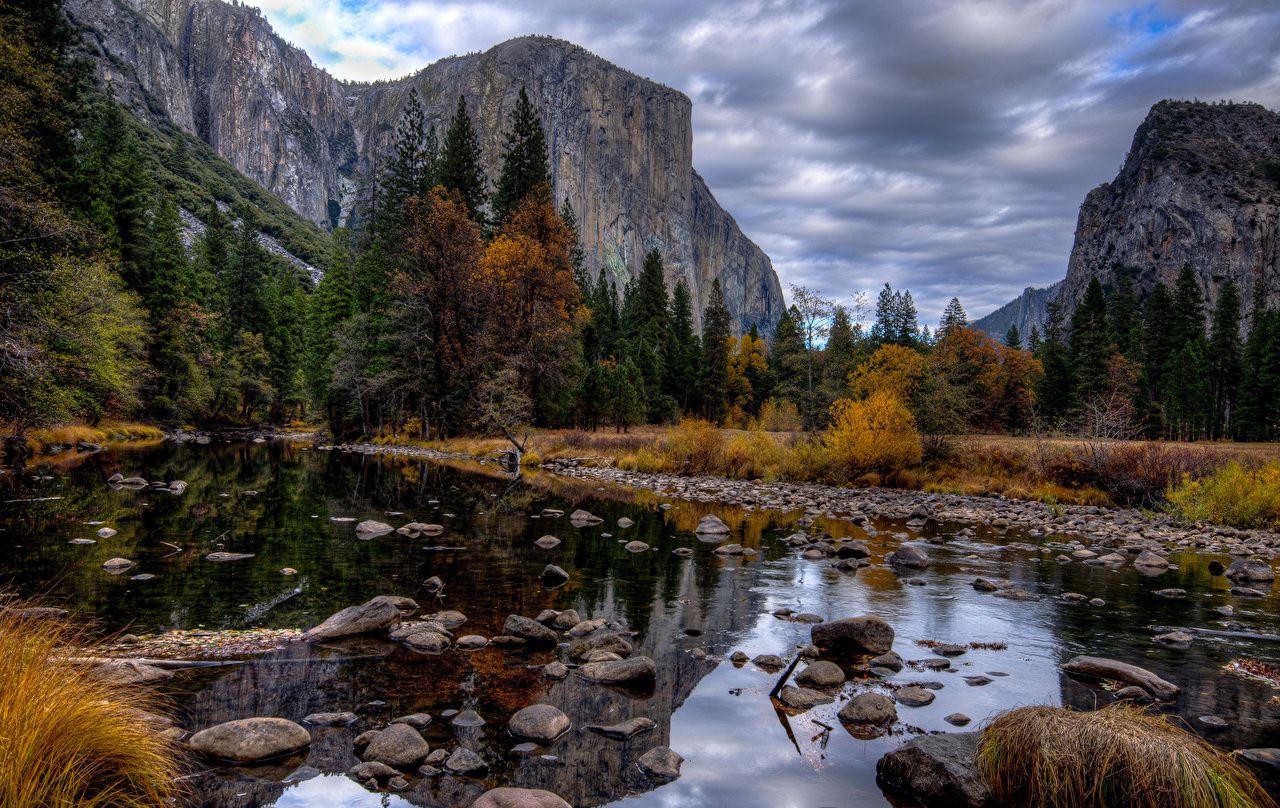 Image Yosemite USA Crag Nature Autumn forest Stones Rivers