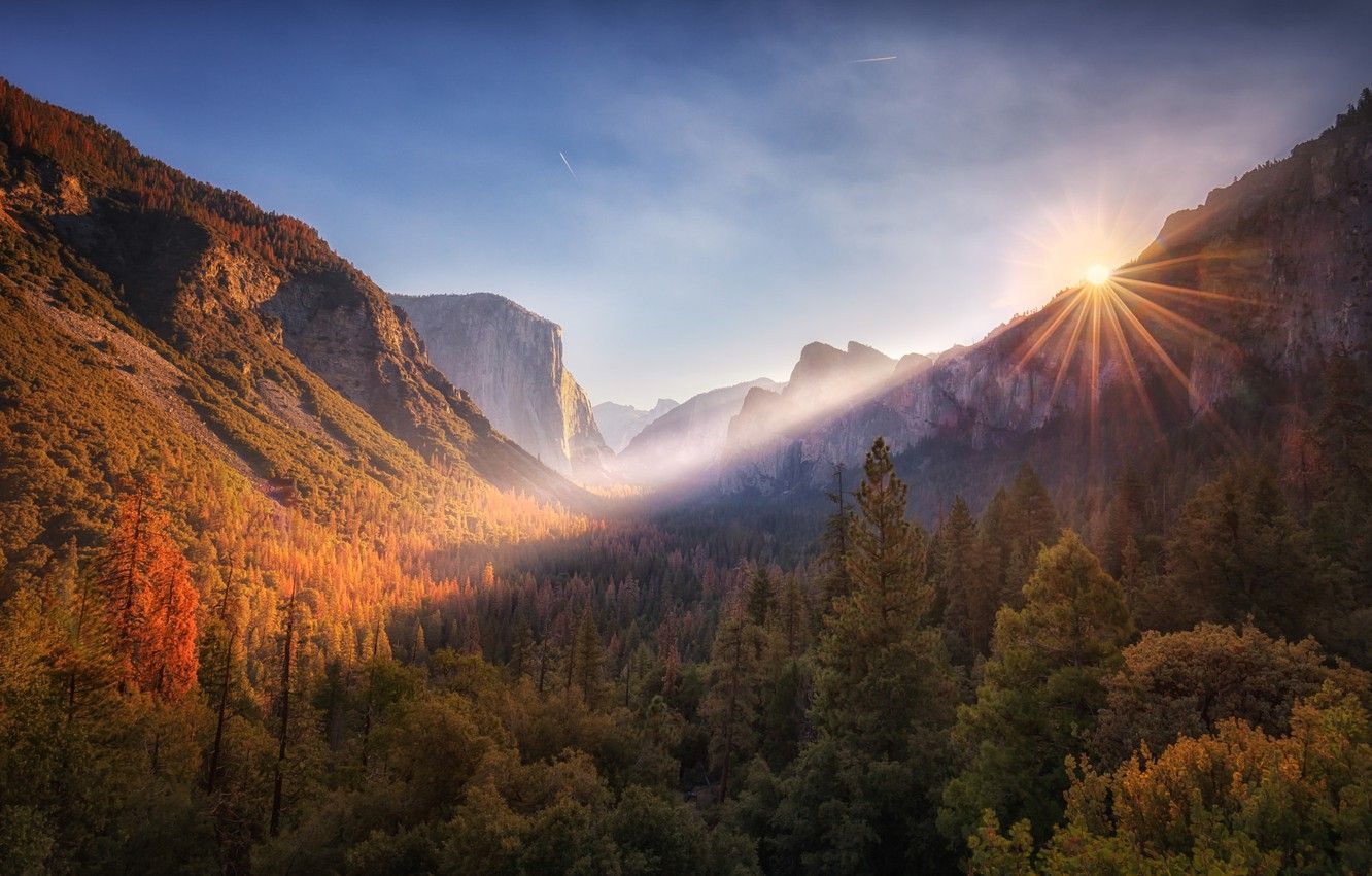 Wallpaper autumn, forest, the sun, rays, mountains, Park, dawn, Yosemite National Park image for desktop, section пейзажи