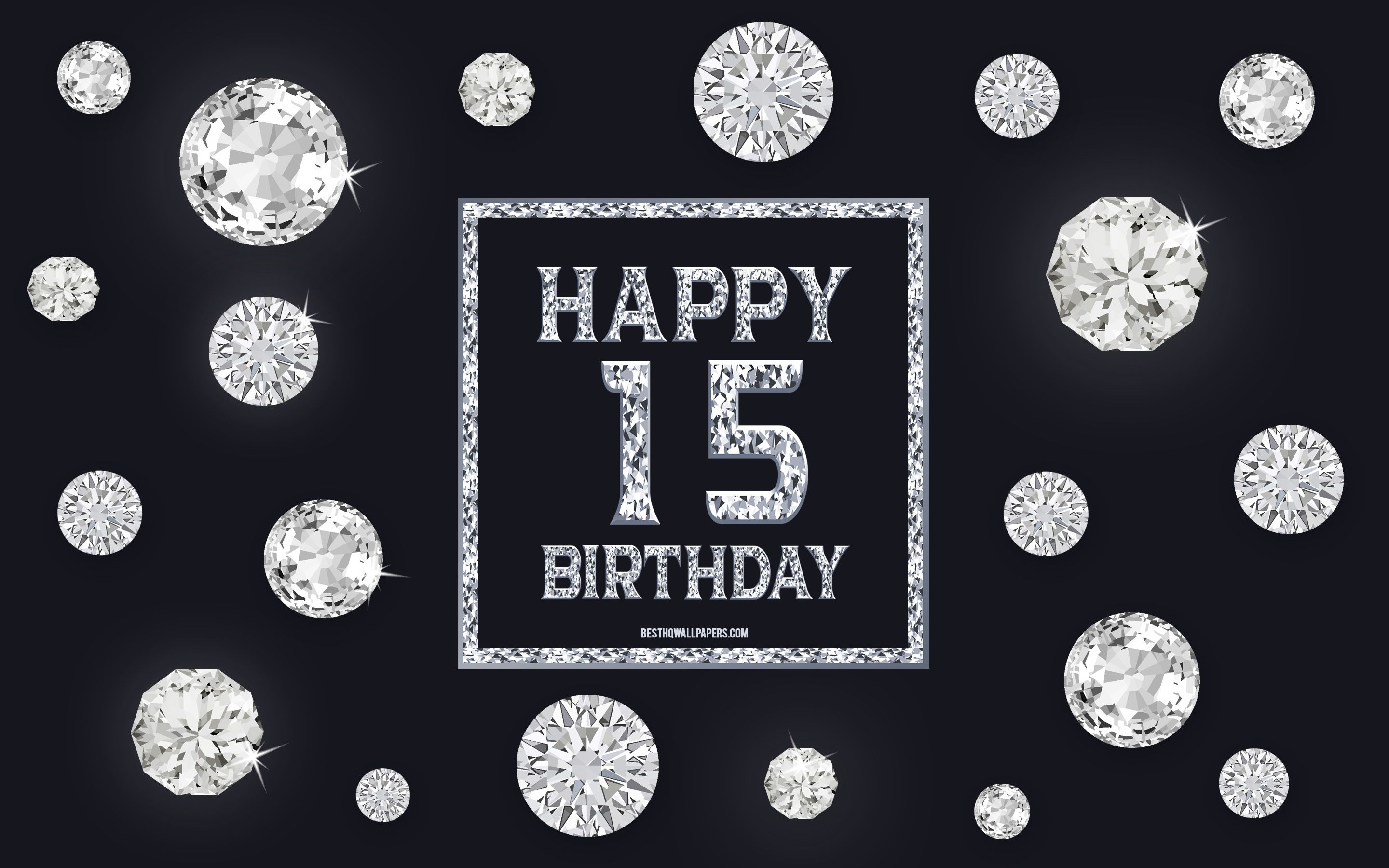 Download wallpaper 15th Happy Birthday, diamonds, gray background, Birthday background with gems, 15 Years Birthday, Happy 15th Birthday, creative art, Happy Birthday background for desktop with resolution 2880x1800. High Quality HD picture