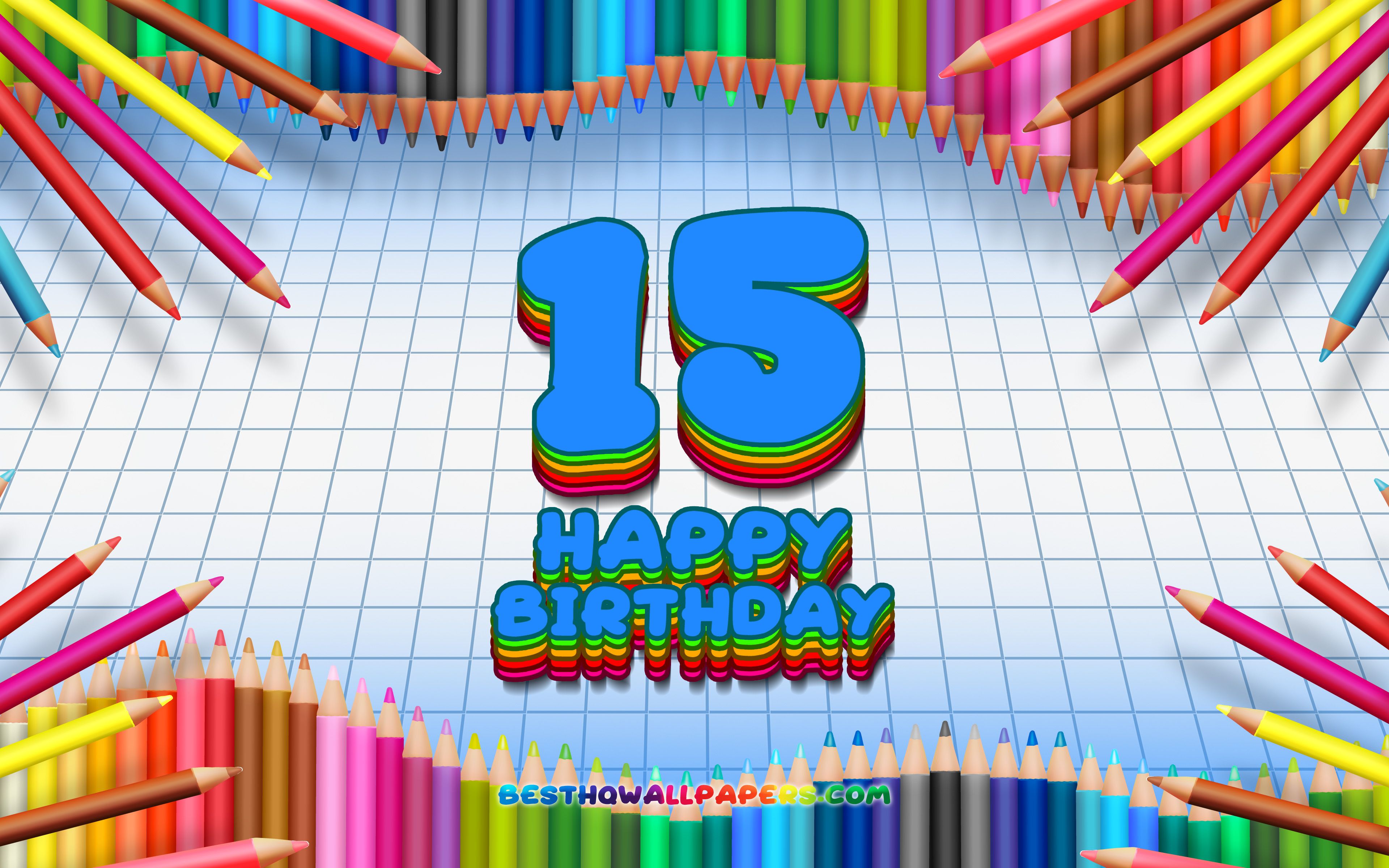 Download wallpaper 4k, Happy 15th birthday, colorful pencils frame, Birthday Party, blue checkered background, Happy 15 Years Birthday, creative, 15th Birthday, Birthday concept, 15th Birthday Party for desktop with resolution 3840x2400. High