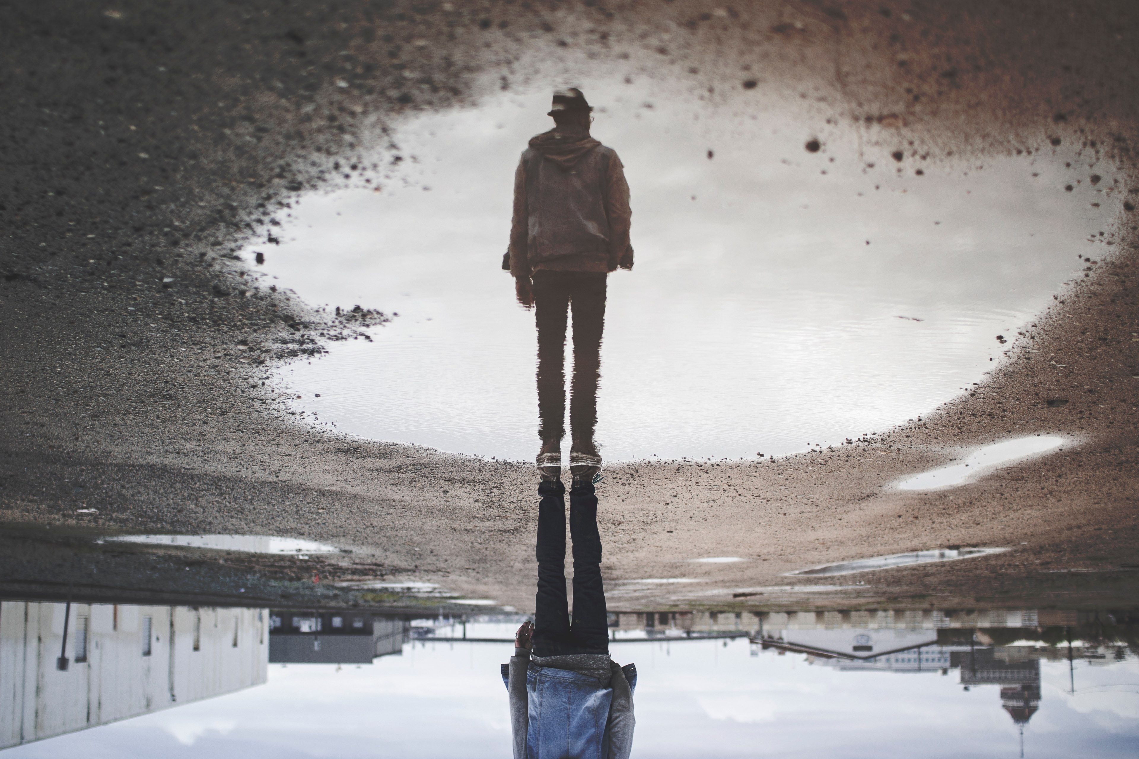 Wallpaper / a puddle reflection of a sad guy, _timmy blue downside up rj_ffa 4k wallpaper