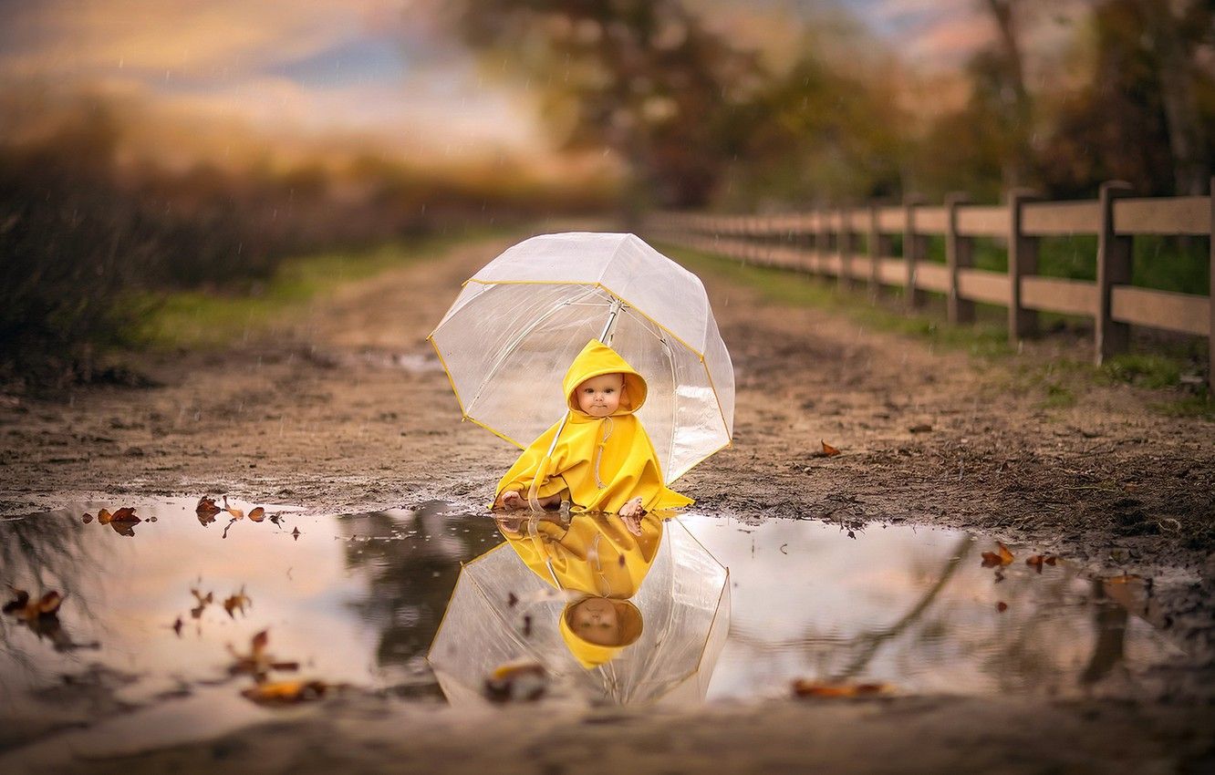 Wallpaper rain, umbrella, puddle, child image for desktop, section настроения