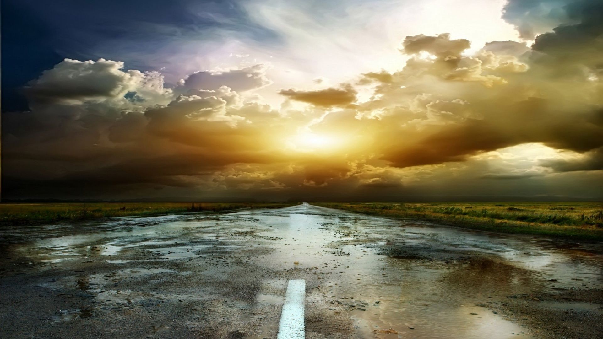 Nice Stormy Clouds Puddle Road desktop PC and Mac wallpaper