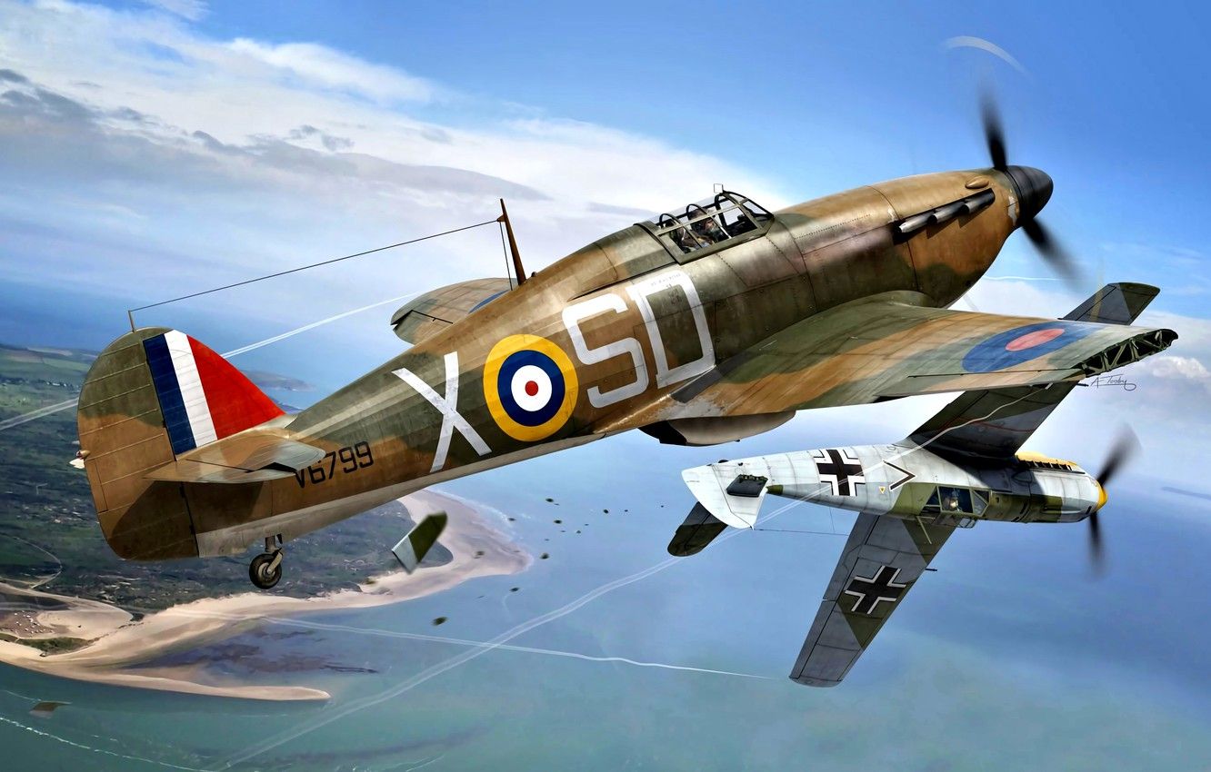 Wallpaper Messerschmitt, Battle of Britain, WWII, Hawker Hurricane Mk.I, Military Aircraft, Bf. 109E- RAM image for desktop, section авиация