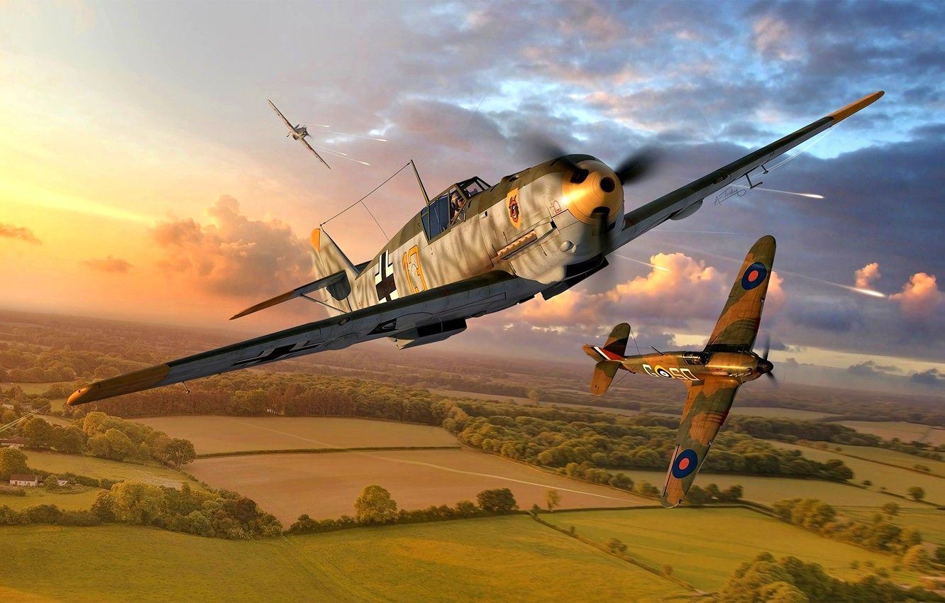 Wallpaper Messerschmitt, Bf- WWII, Hawker Hurricane Mk.I, Bf.109E- 9./JG54 image for desktop, section авиация