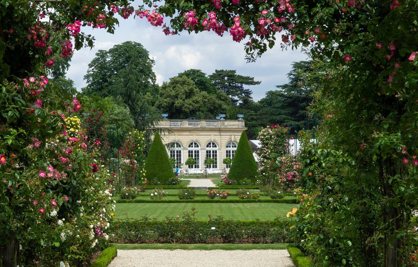 Wallpaper trees, flowers, Park, France, Paris, roses, Paris, the bushes, Palace, France, The Palace Of Bagatelle, Parc Bagatelle, Parc de Bagatelle, Castle of Bagatelle image for desktop, section пейзажи