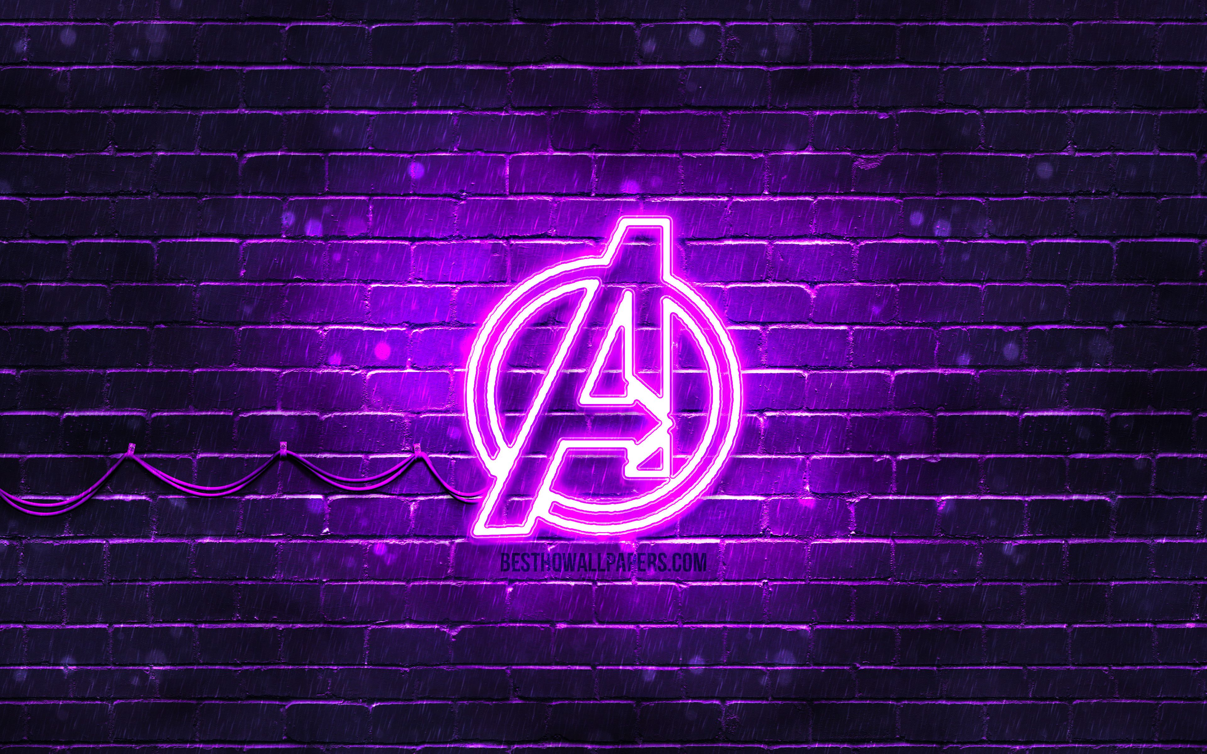 Download wallpaper Avengers violet logo, 4k, violet brickwall, Avengers logo, superheroes, Avengers neon logo, Avengers for desktop with resolution 3840x2400. High Quality HD picture wallpaper