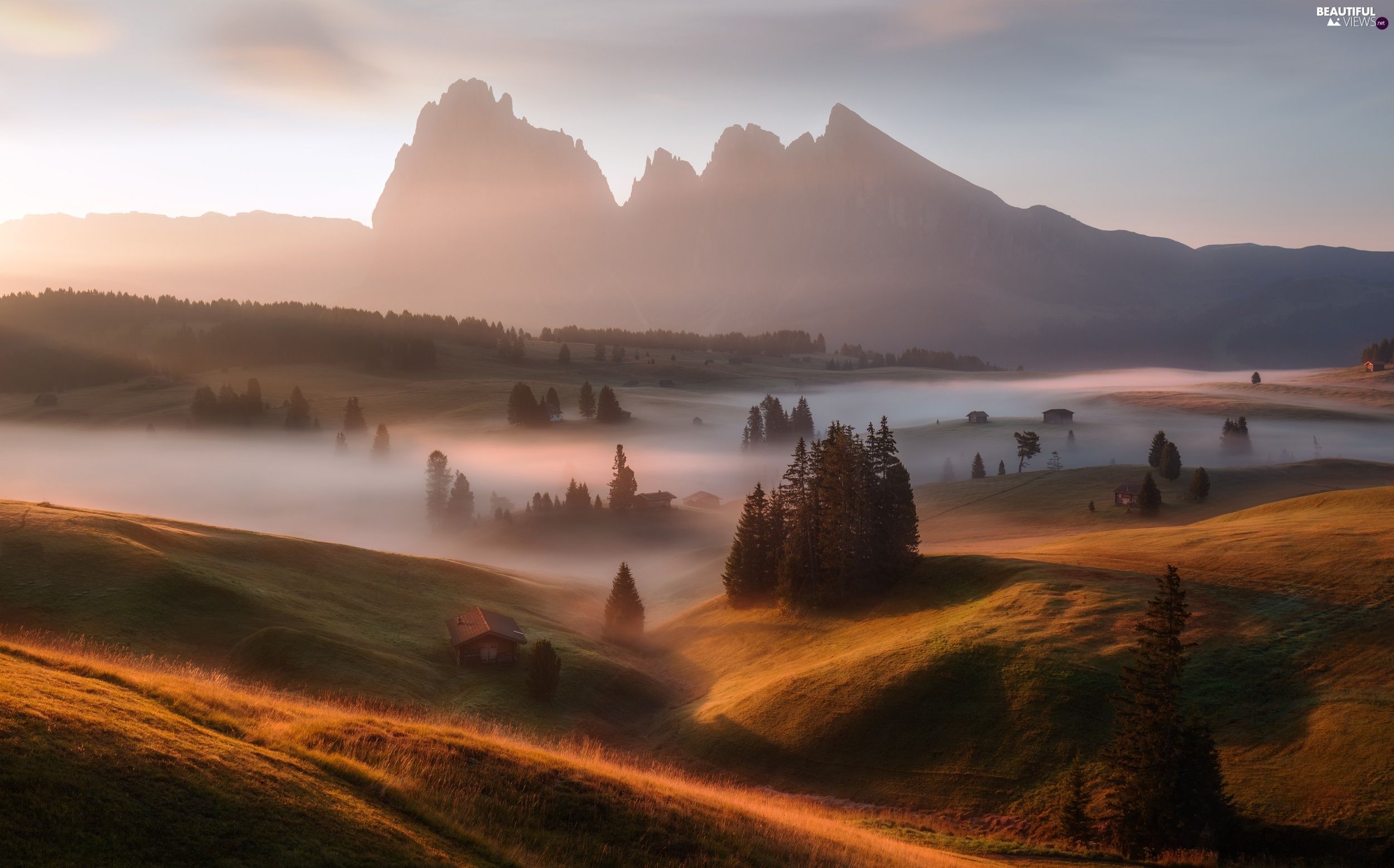 Sassolungo Mountains, Italy, autumn, Dolomites, Houses, Val Gardena Valley, Seiser Alm Meadow, Fog views wallpaper: 2500x1558