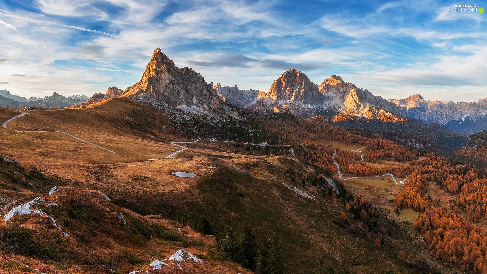 Province of Belluno, Italy, pass, Mountains, Way, autumn, viewes, Dolomites, Mountains, trees, Passo di Giau phone wallpaper: 1920x1080