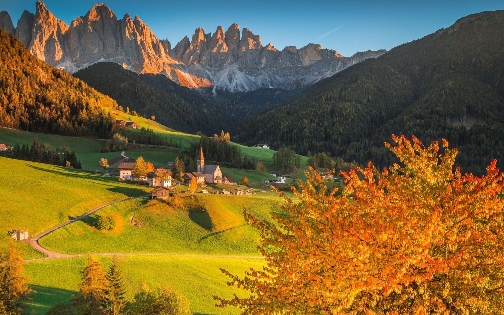 Italy, Dolomites, mountains, forest, trees, houses, sunset, autumn Desktop Wallpaperx1050 wallpaper download