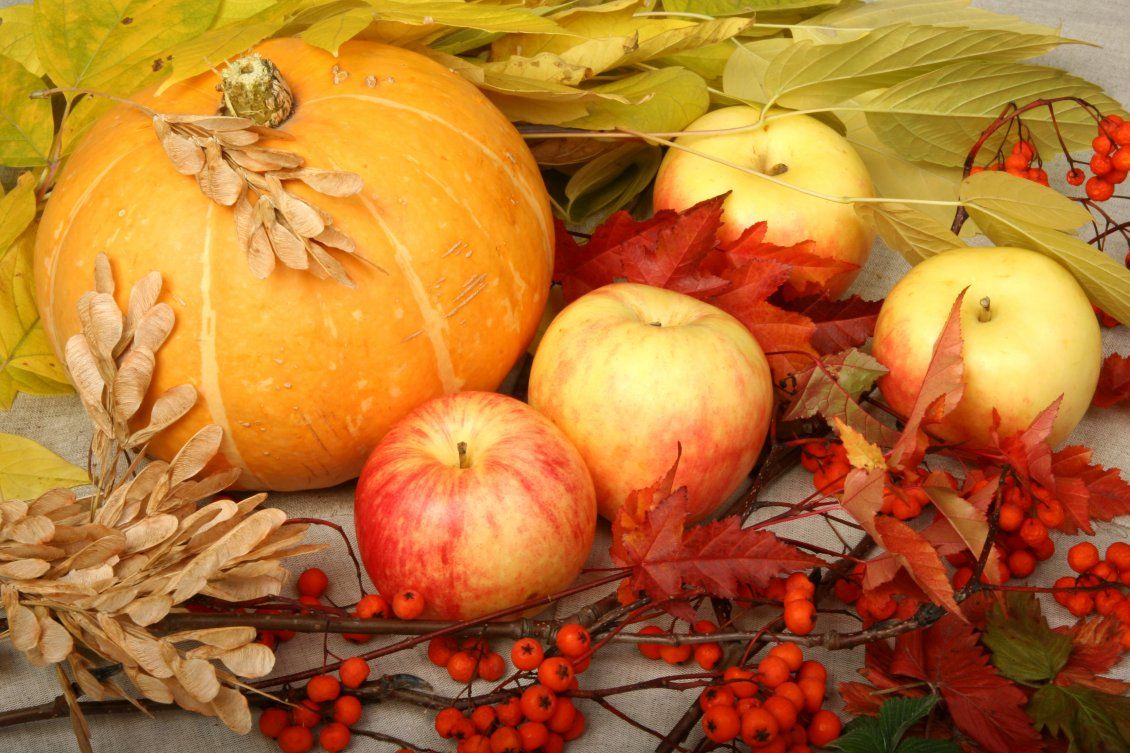 Delicious and sweet apples and pumpkins