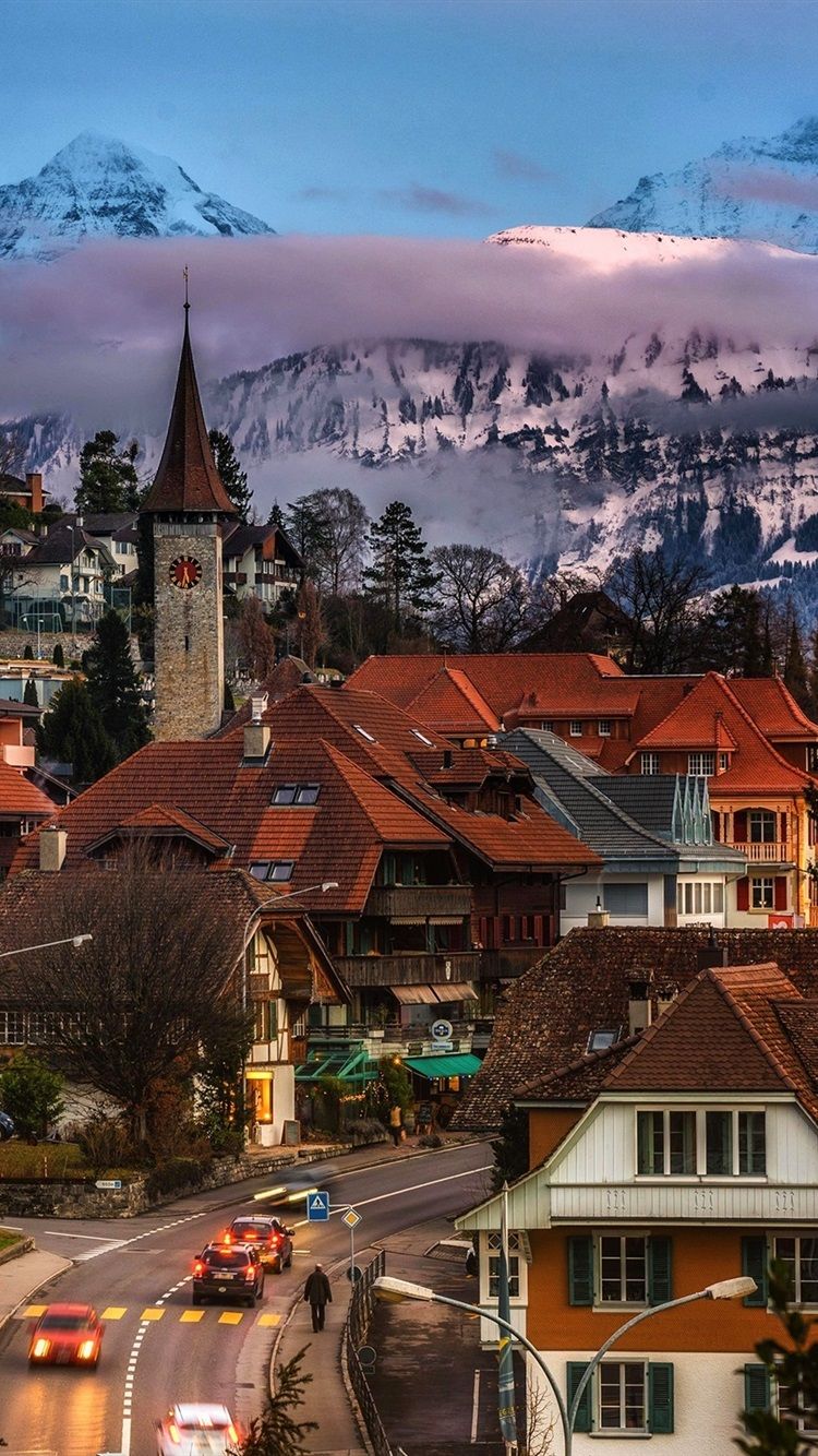 Wallpaper Gundlischwand, Switzerland, street, houses, trees, mountains, dusk 2560x1600 HD Picture, Image