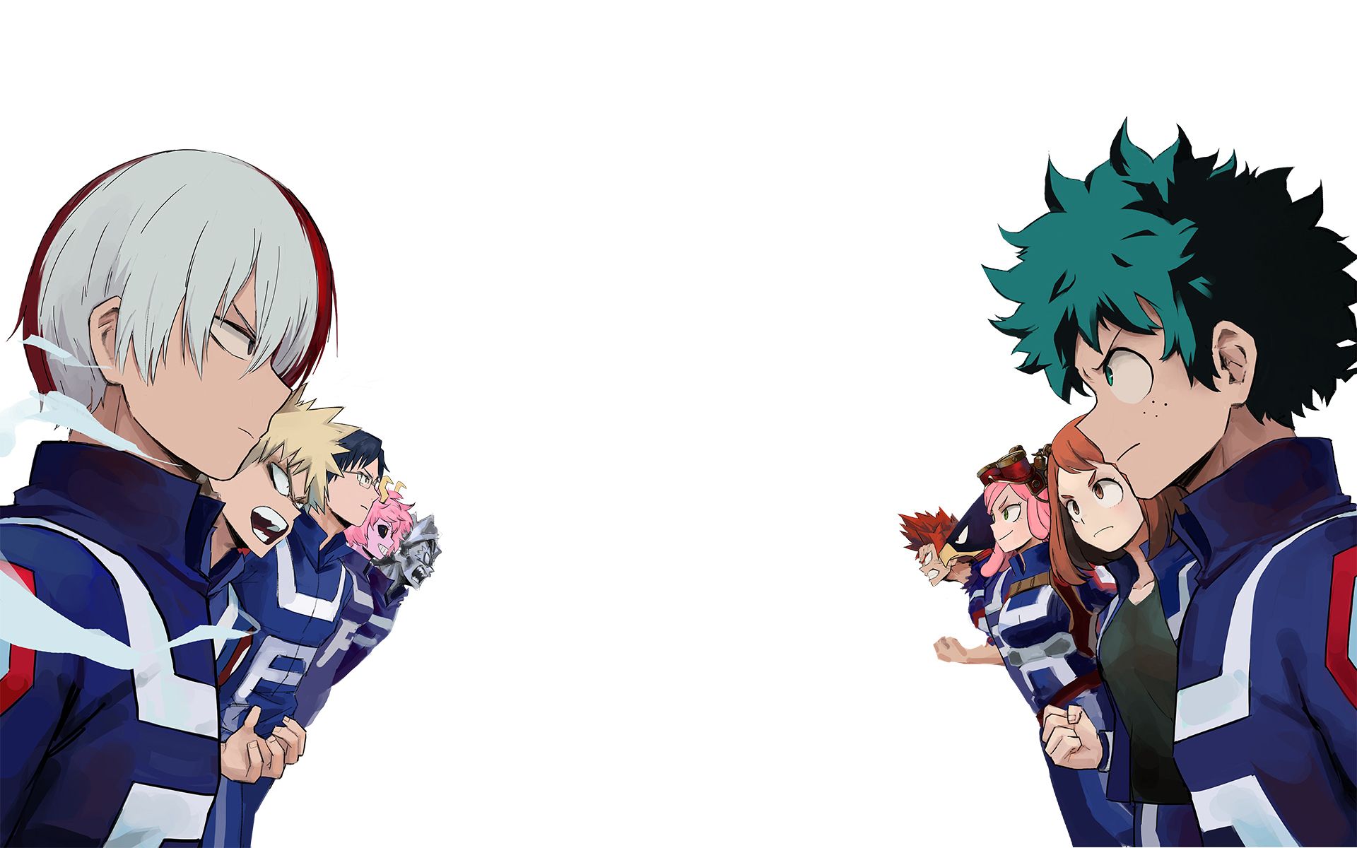 Download wallpaper from anime My Hero Academia with tags: PC, Izuku Midoriya, Katsuki Bakugou, Eijiro Kirishima, Fumikage Tokoyami, Ochako Uraraka, Tenya Iida, Shoto Todoroki, Mina Ashido, Tetsutetsu Tetsutetsu, Mei Hatsume