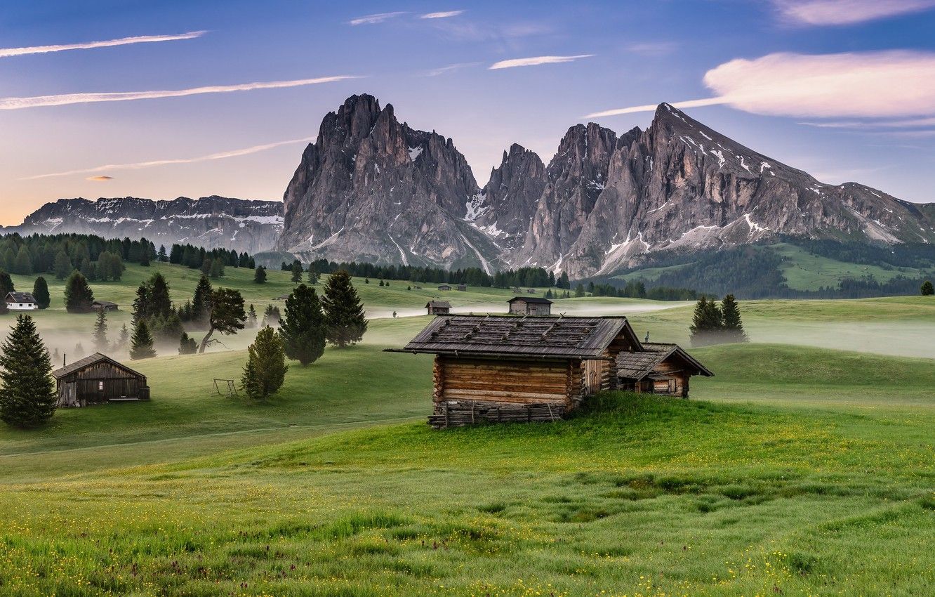 Wallpaper mountains, fog, morning, Italy, houses, The Dolomites image for desktop, section пейзажи