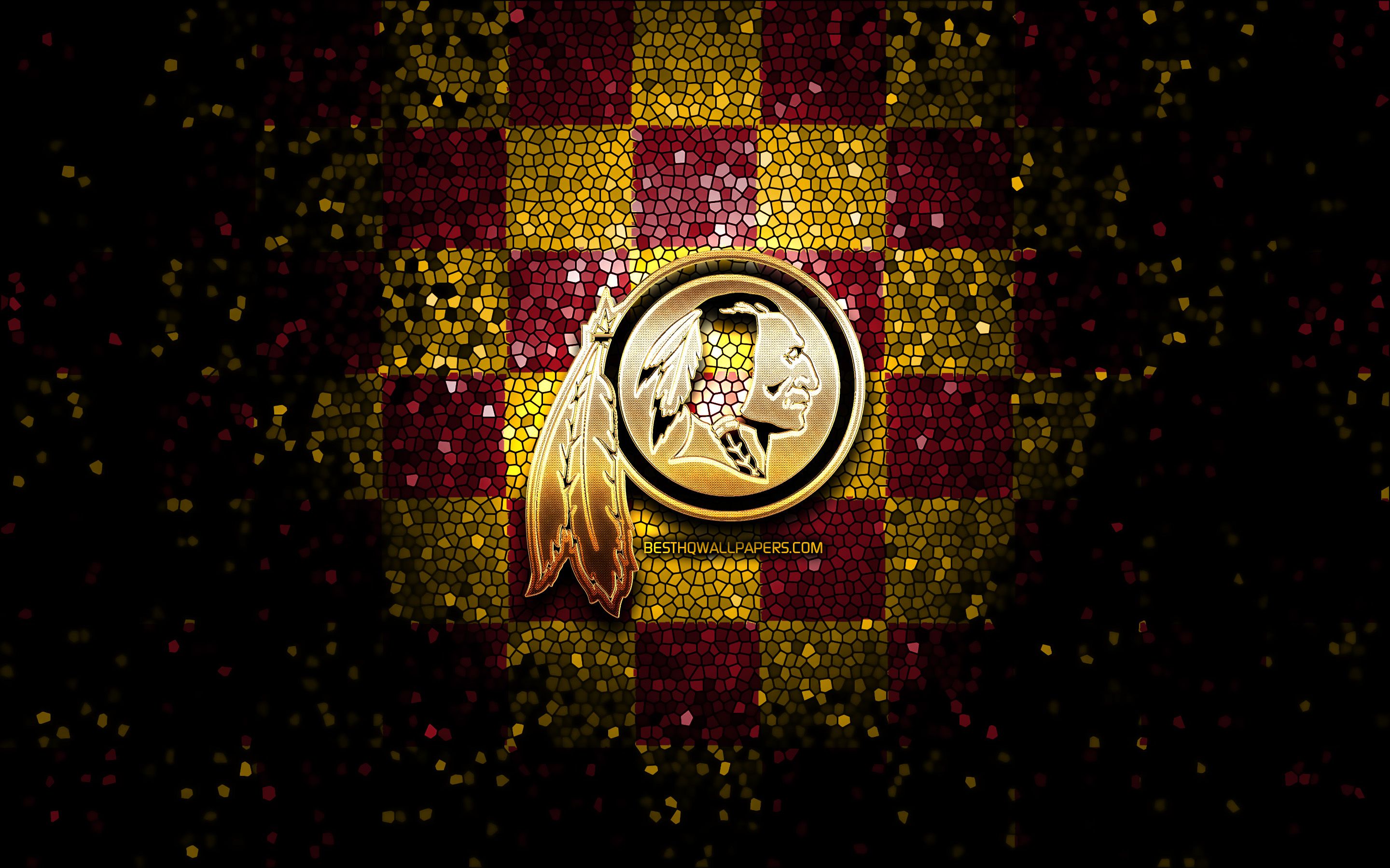 Download wallpaper Washington Redskins, glitter logo, NFL, purple yellow checkered background, USA, american football team, Washington Redskins logo, mosaic art, american football, America for desktop with resolution 2880x1800. High Quality HD picture
