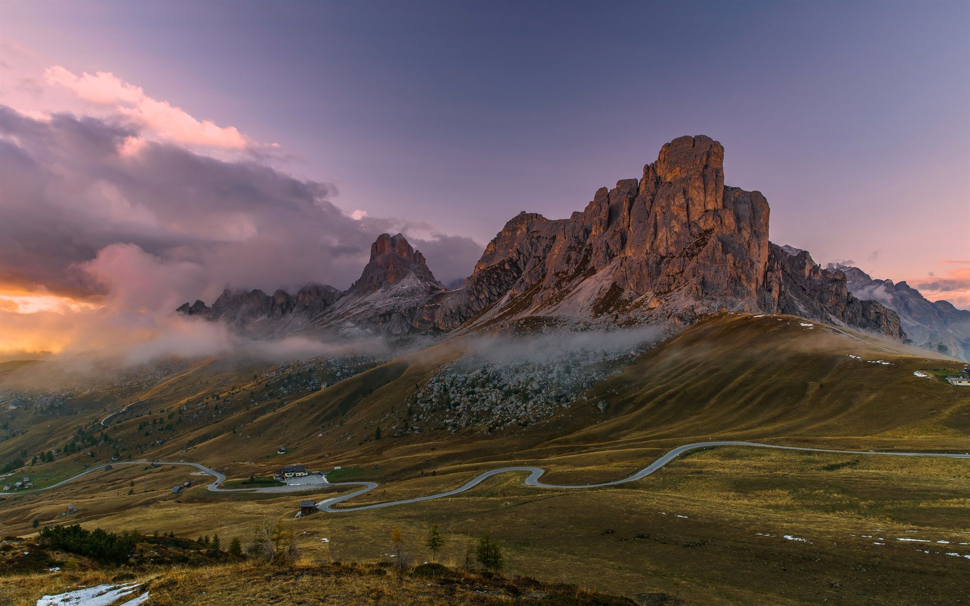 Wallpaper Italy, Dolomites, mountains, road, houses, fog, clouds, morning 1920x1200 HD Picture, Image