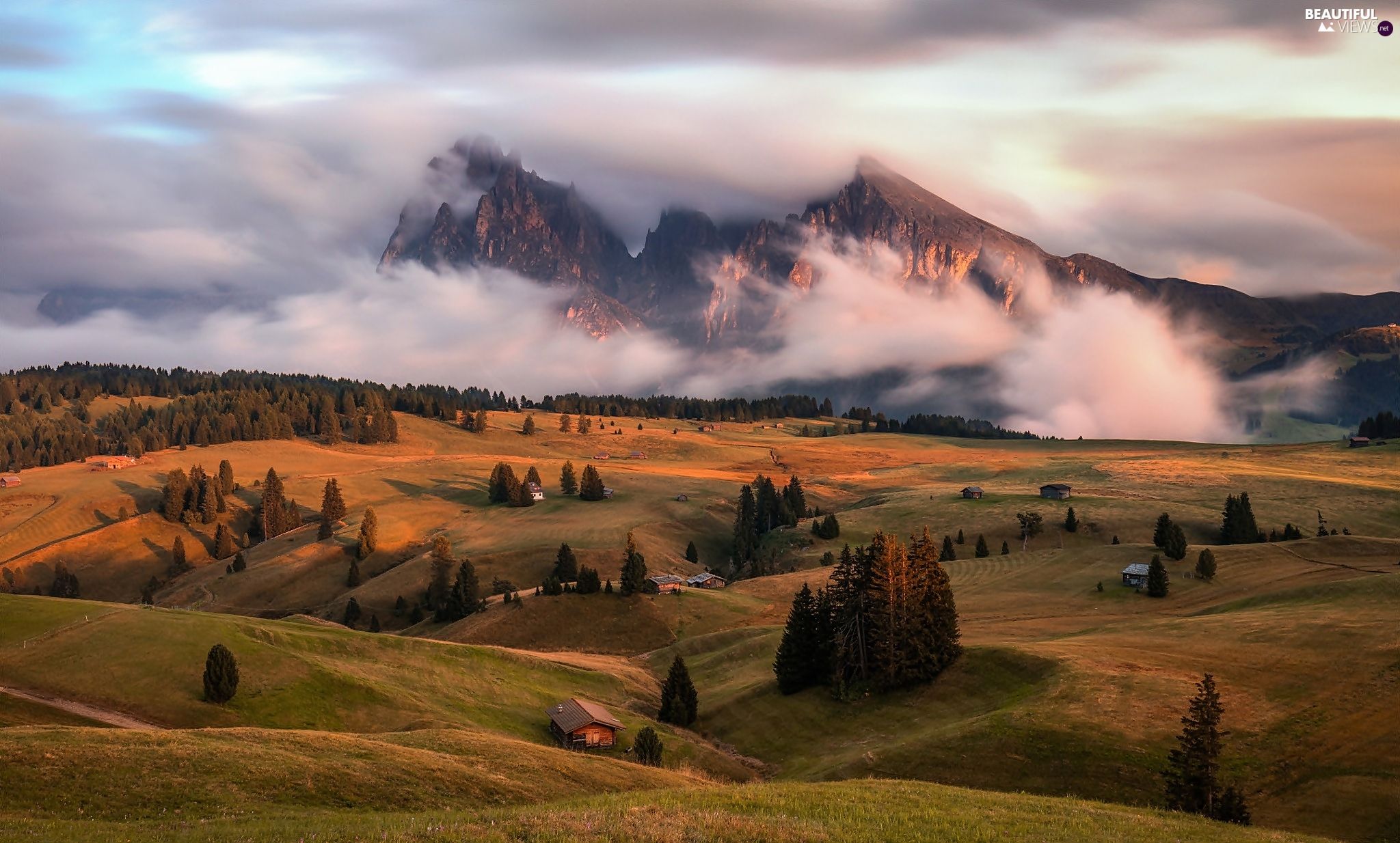 Fog, Dolomites, woods, Alps Mountains, Italy, Valley, Houses views wallpaper: 2048x1234