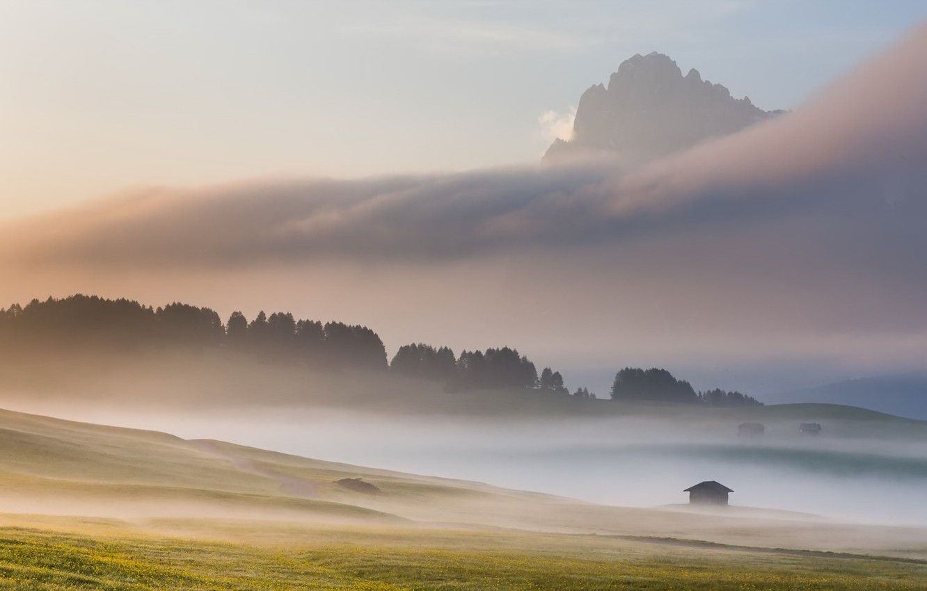 Wallpaper landscape, mountains, fog, morning, Italy, Dolomites, Alpe di Siussi image for desktop, section пейзажи