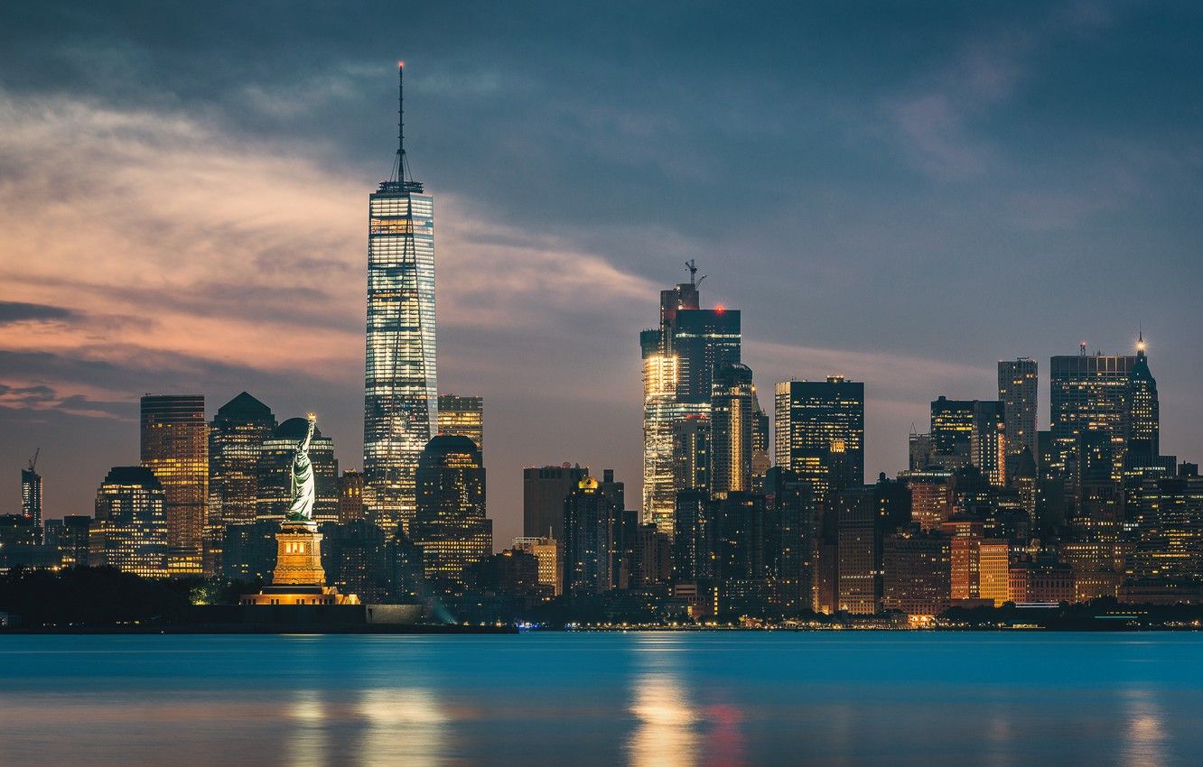 Wallpaper night, New York, Statue of Liberty, skyscrapers, cityscape image for desktop, section город