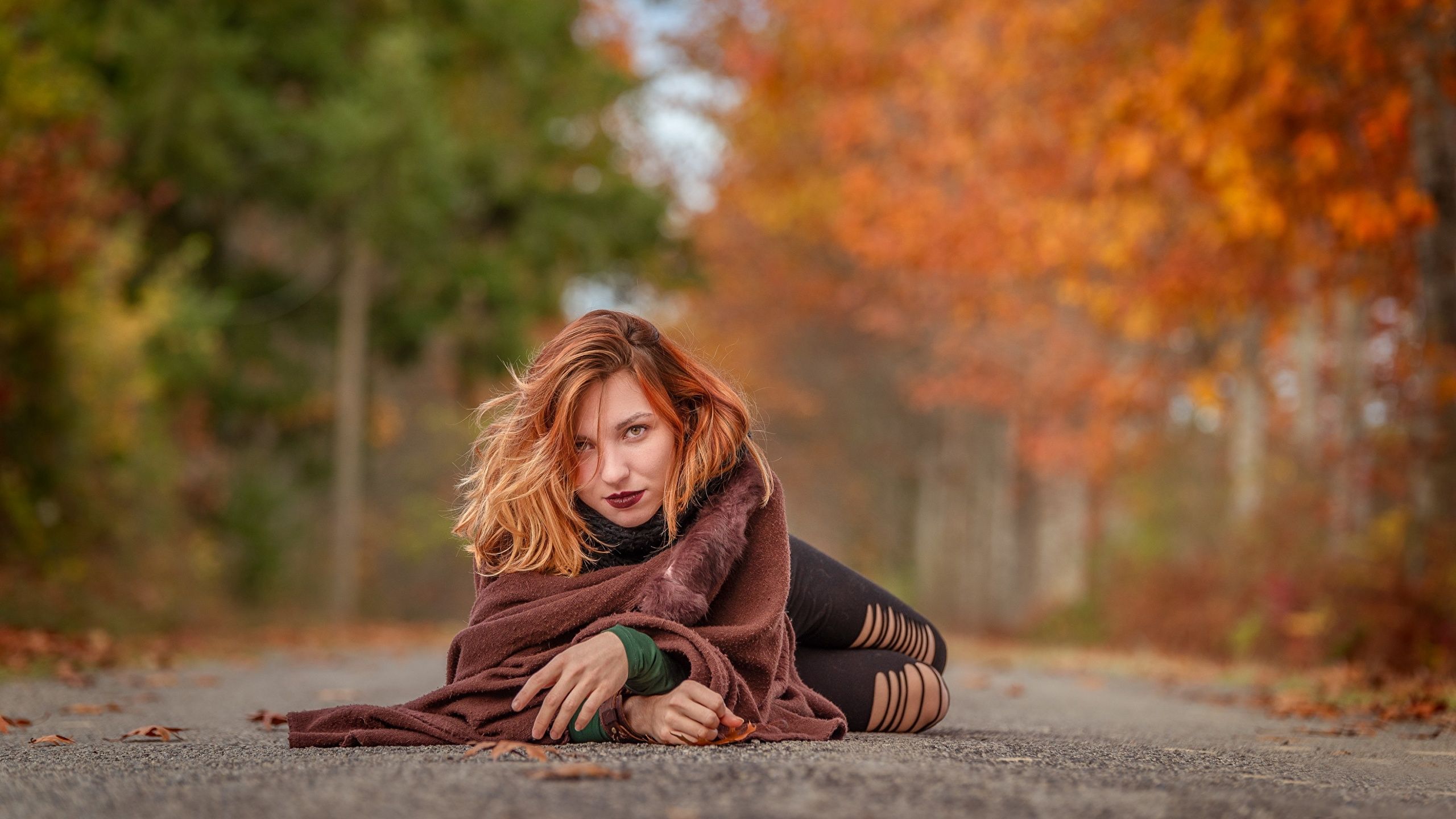 Wallpaper Redhead girl laying Bokeh Girls Autumn Roads 2560x1440