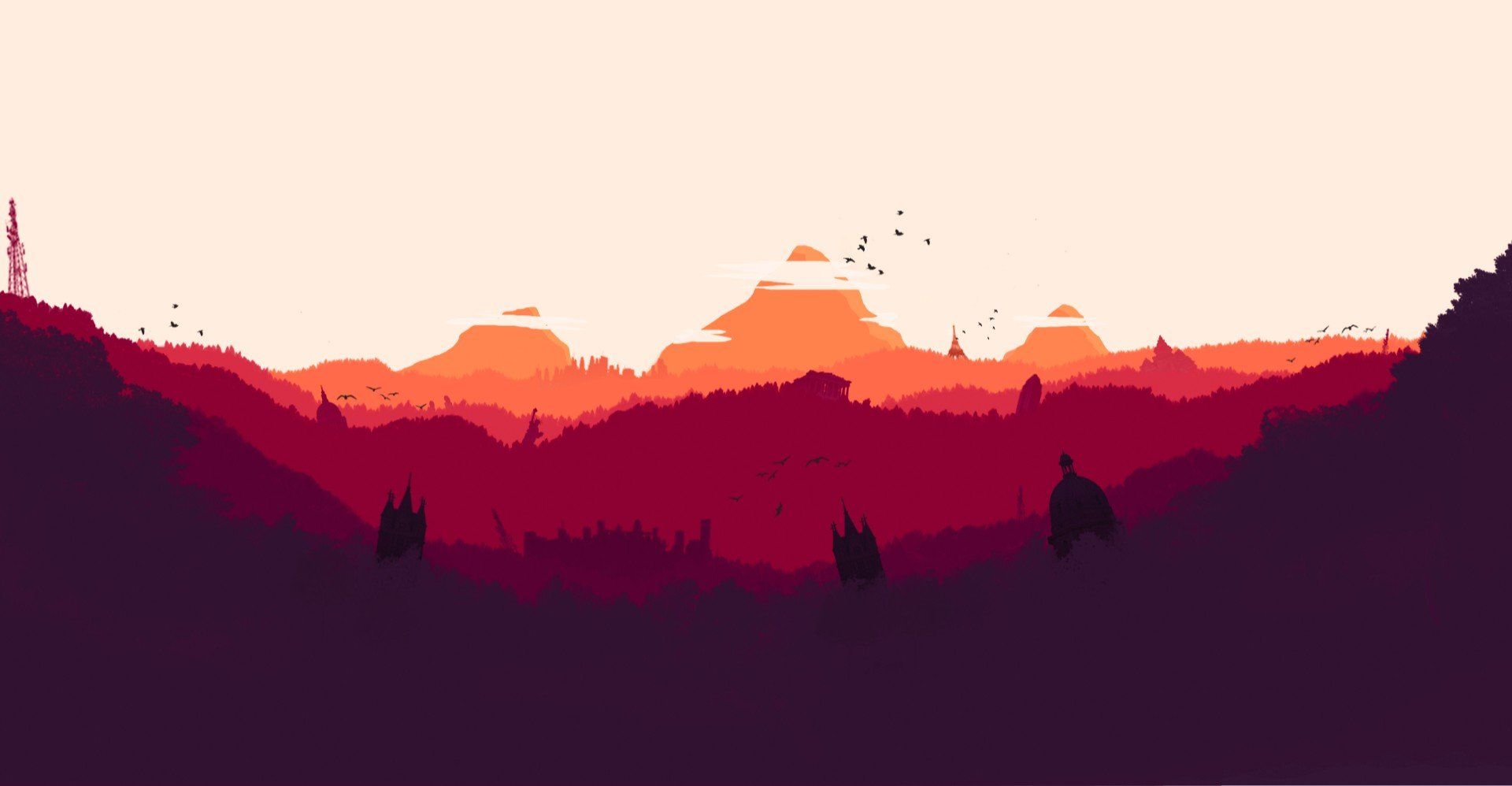 landscape, Firewatch, Flying, Mountains, Mountain pass, Pixel art, Cityscape, Lost Planet HD Wallpaper / Desktop and Mobile Image & Photo