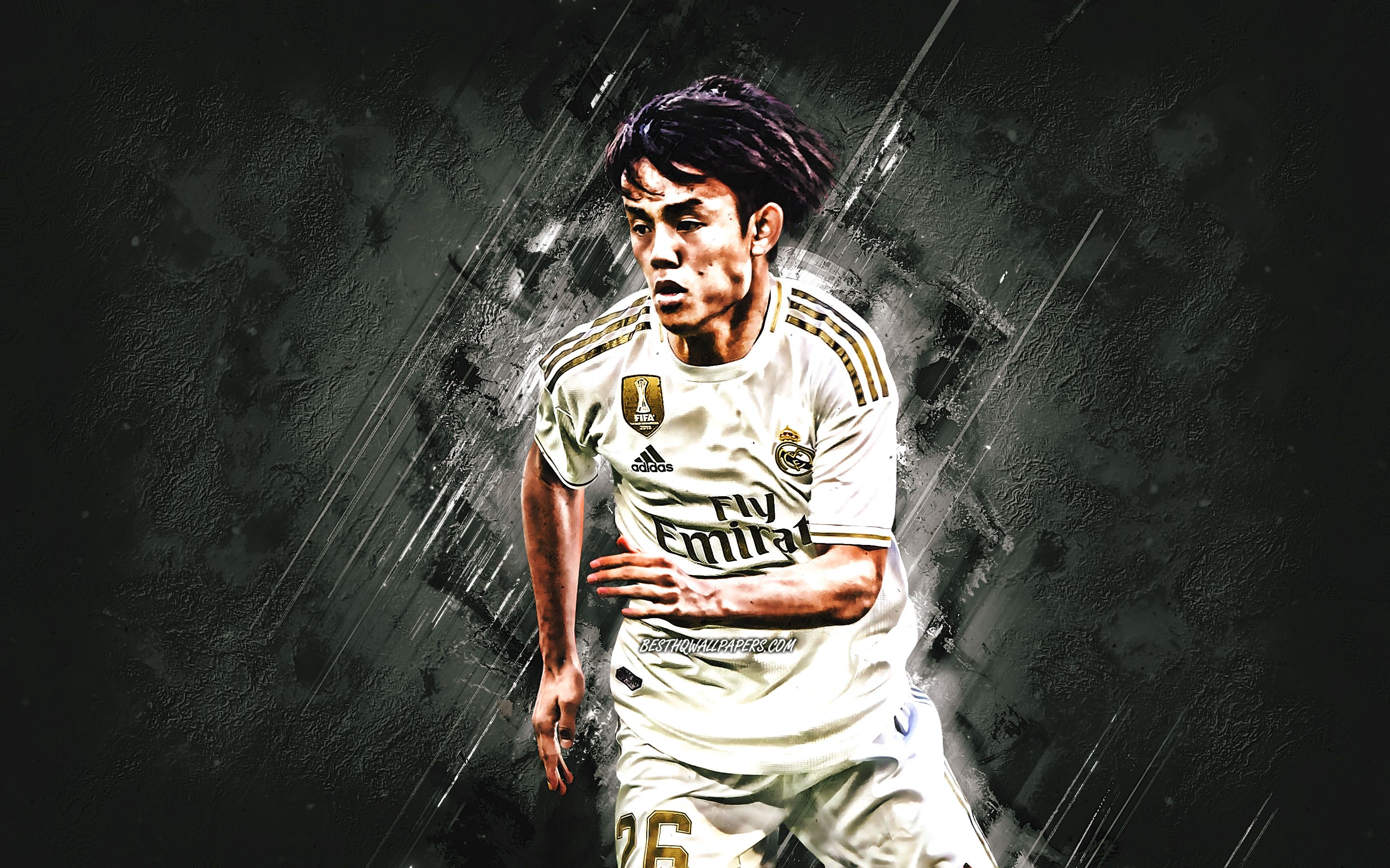 Download wallpaper Takefusa Kubo, Real Madrid, Japanese soccer player, attacking midfielder, gray stone background, La Liga, Spain, football for desktop with resolution 2880x1800. High Quality HD picture wallpaper