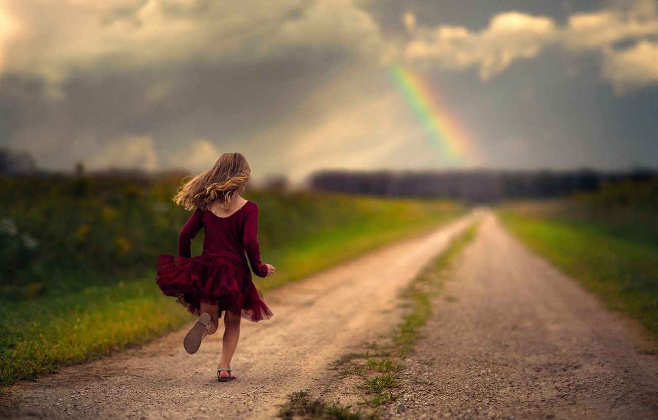 Wallpaper road, rainbow, dress, running, girl image for desktop, section ситуации
