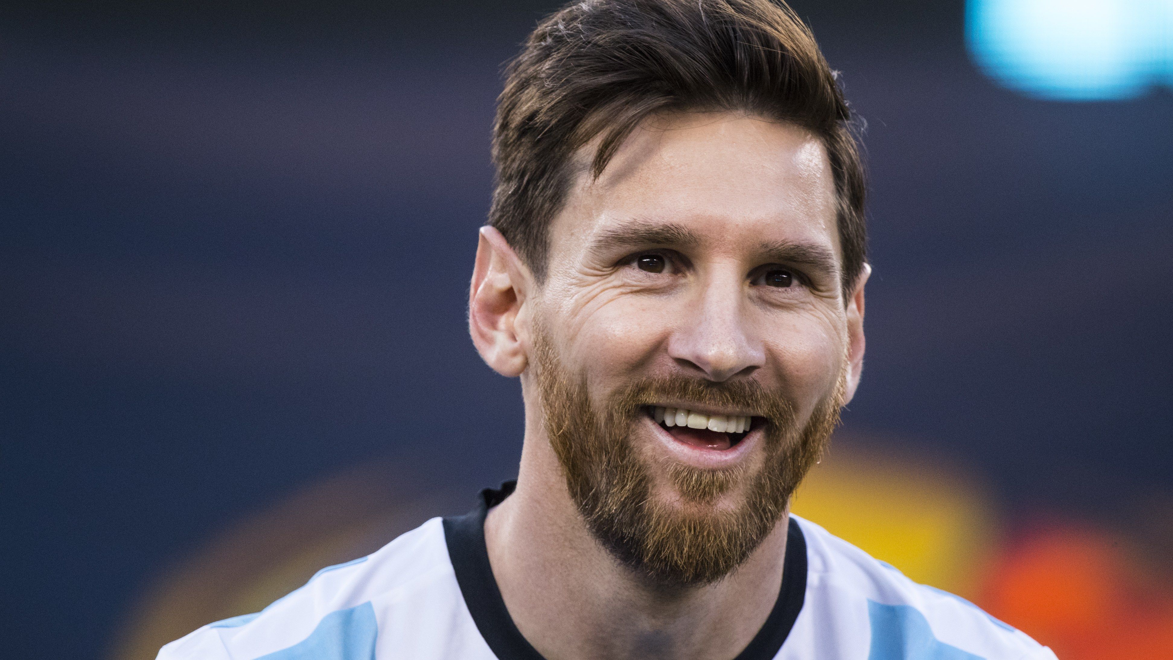 Download wallpaper Lionel Messi, Argentina, portrait, joy, smile, Argentinian football player, Leo Messi, 4k, national team, football for desktop with resolution 3887x2186. High Quality HD picture wallpaper
