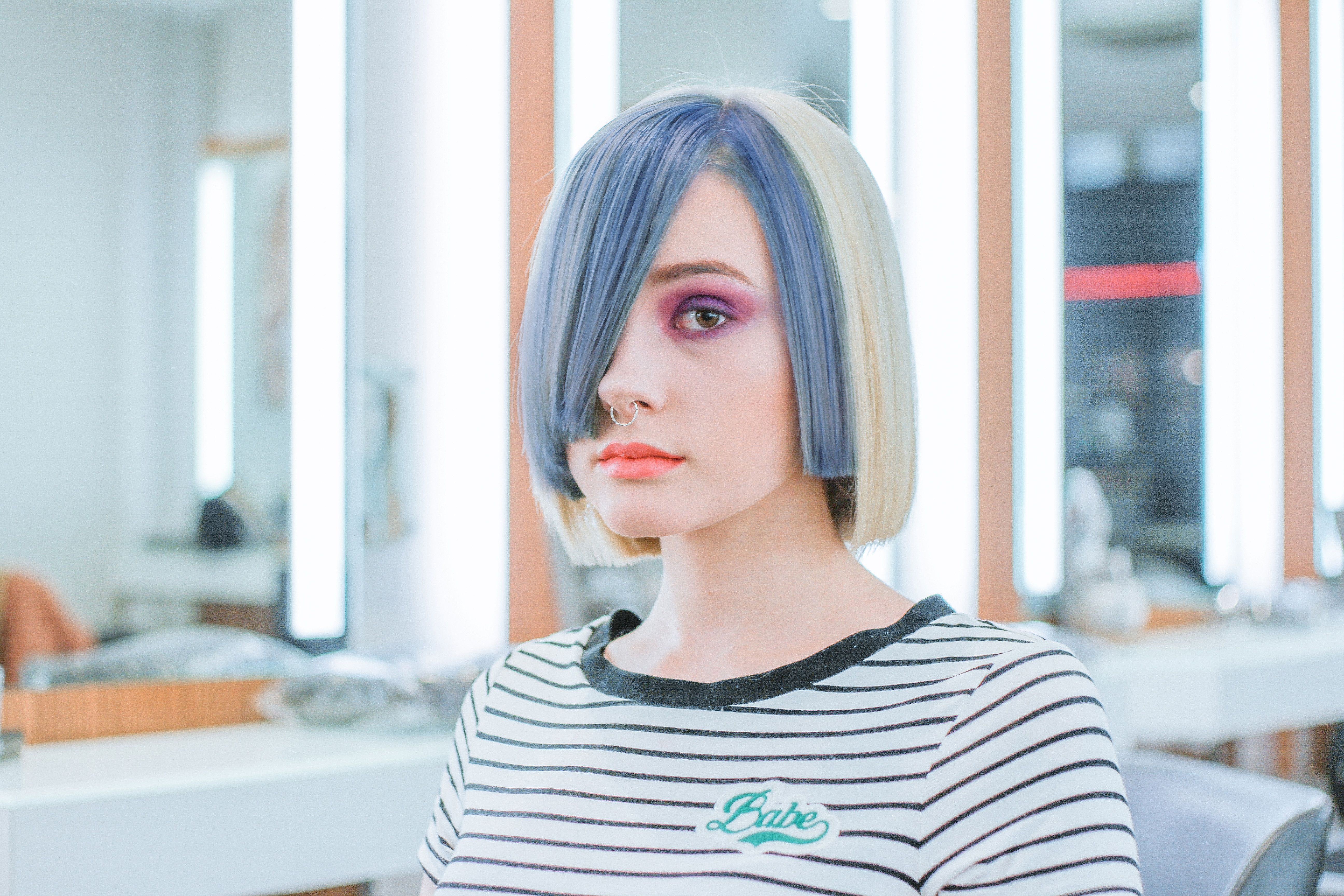 5184x3456 #colour, #dye, #striped, #caucasian, #female, #hairdresser, #babe, #hair colour, #beauty ritual, #makeup, #dye hair, #salon, #woman, #blue hair, #loreal colour, #lady, #hair salon, #hair, #Creative Commons image, #loreal professional