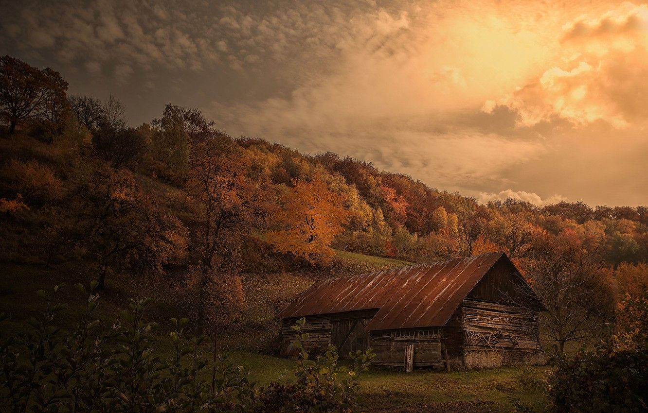Wallpaper autumn, the barn, hill image for desktop, section природа